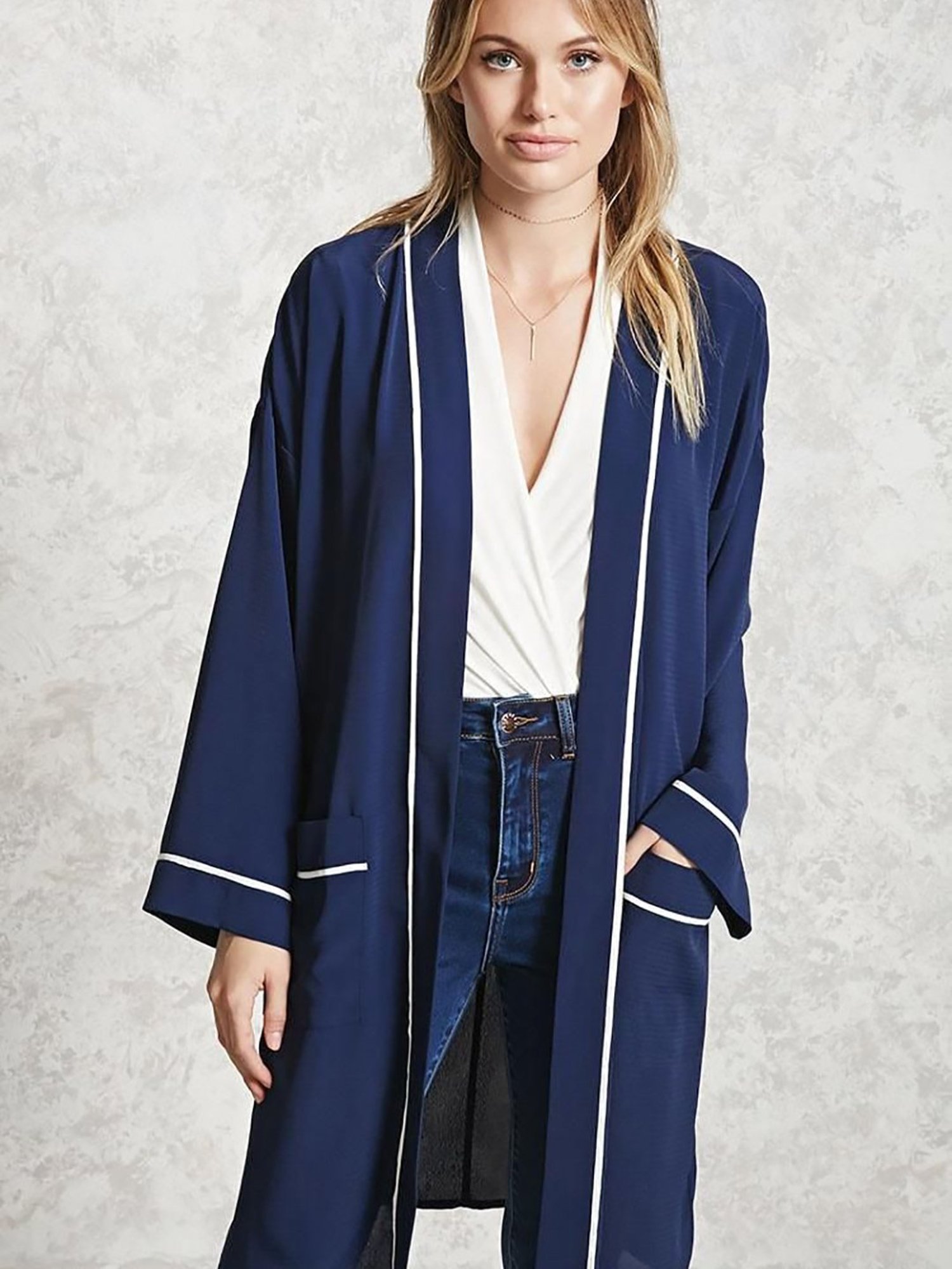 Forever 21 Navy & White Regular Fit Cardigan