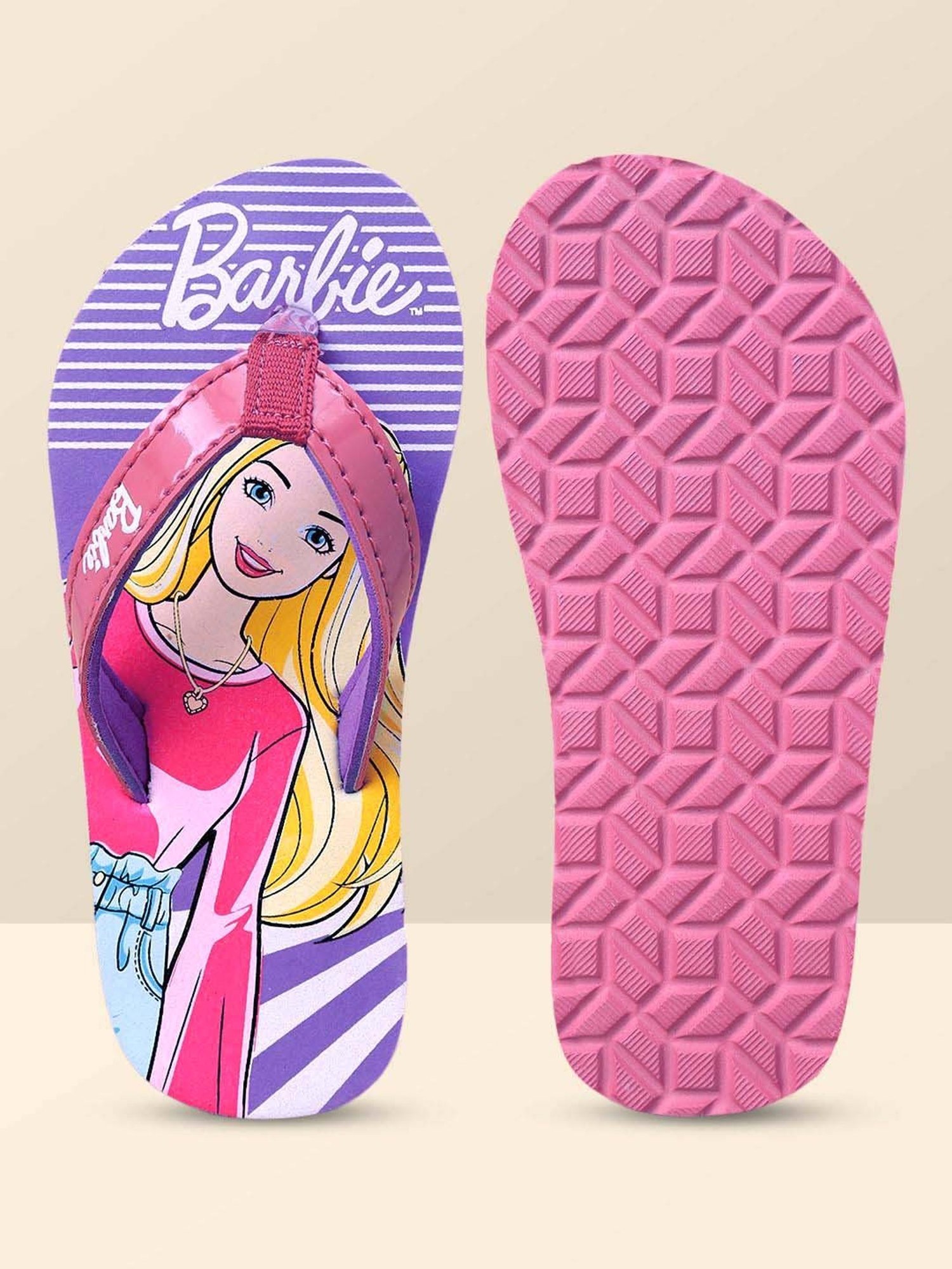 Kidsville Barbie Printed Pink & Purple Flip Flops