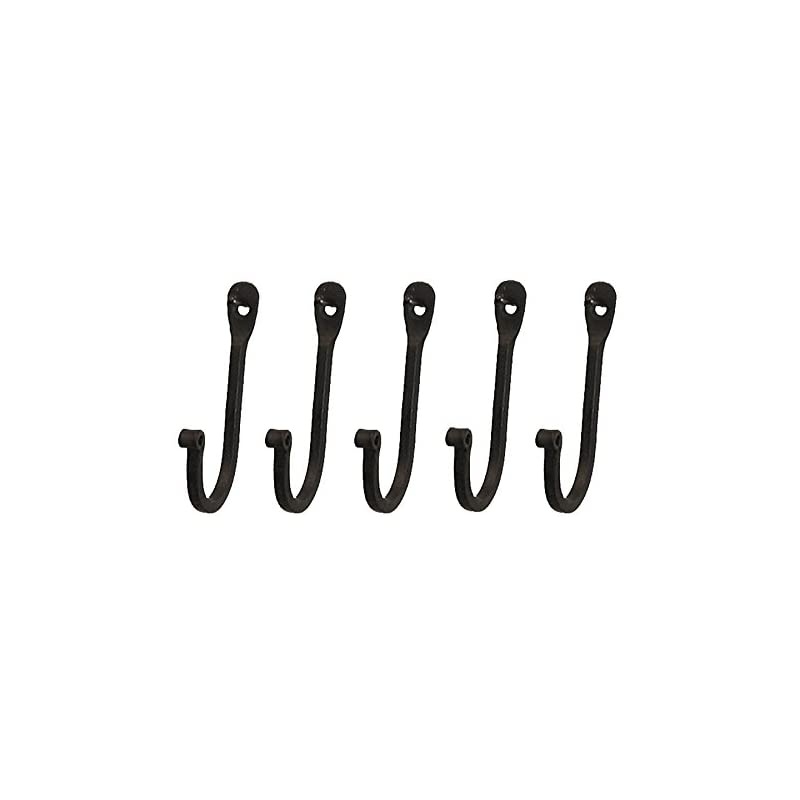 American Single Prong Wrought Iron Hooks, Set of 5 - Rustic Curved Metal Fasteners - Decorative Colonial Wall Decor