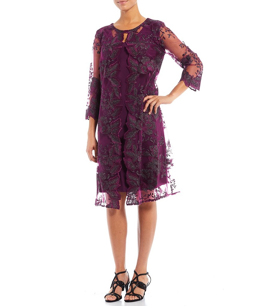 Jkara Chiffon Popover Beaded V-Neck 3/4 Capelet Sleeve Gown