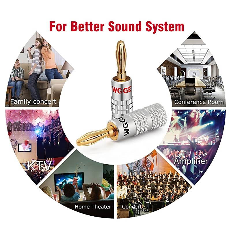 WG-009 Banana Plugs Audio Jack Connector 12 Pairs / 24 pcs, 24k Gold Dual Screw Lock Speaker Connector for Speaker Wire, Wall Plate, Home Theater, Audio/Video Receiver and Sound Systems