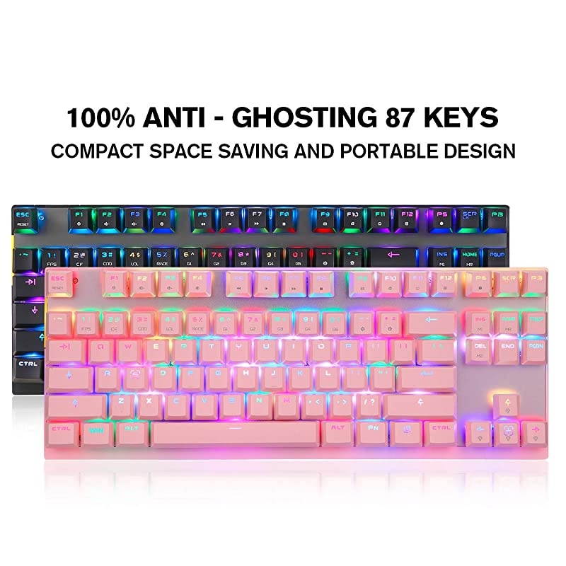 Professional Gaming Mechanical Keyboard RGB Rainbow Backlit 87 Keys Illuminated Computer USB Gaming Keyboard for Mac & PC Pink