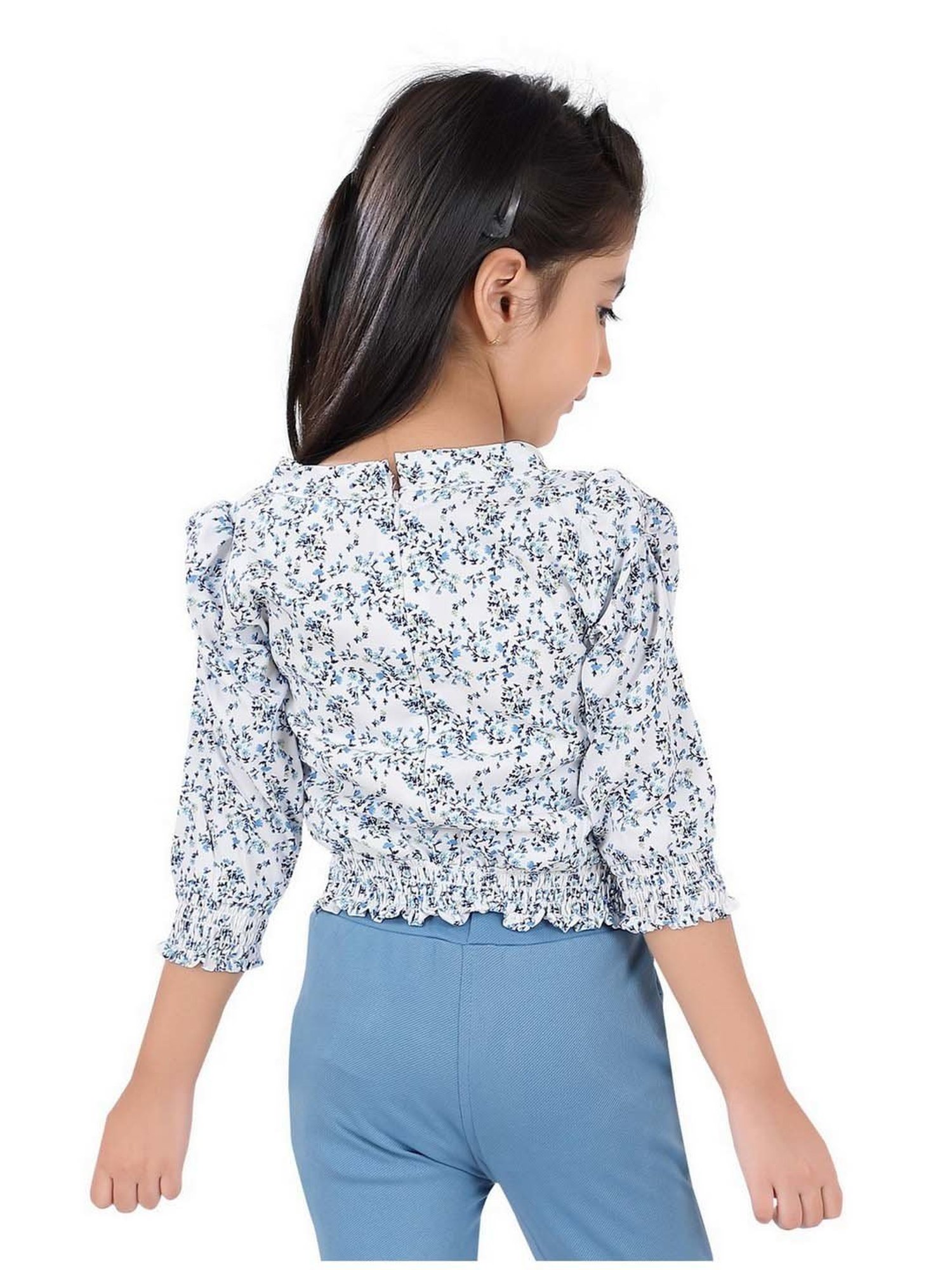 poplins Kids Blue & White Cotton Floral Print Top