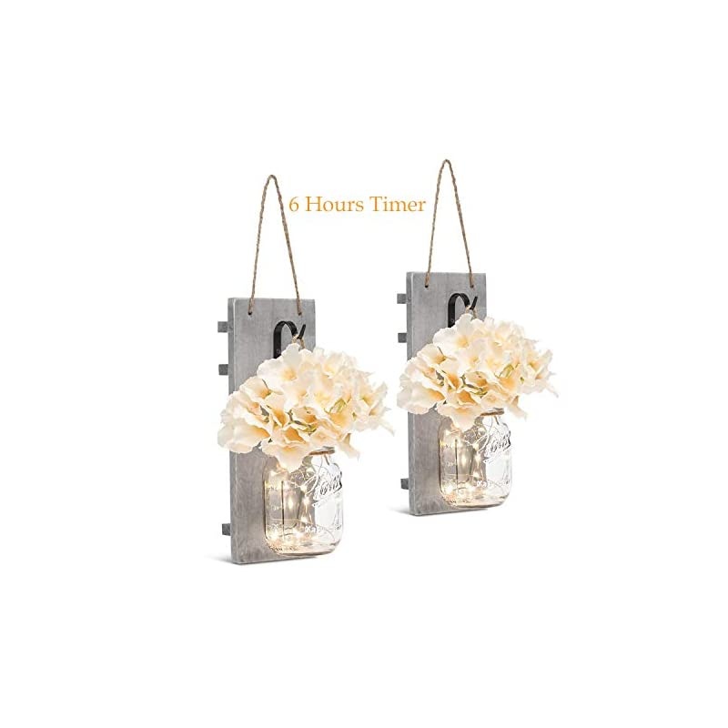 Rustic Wall Sconces Mason Jar Decoration Handmade Wall Decor Hanging Design with LED Fairy Lights Living Decor,Farmhouse Kitchen Decorations Wall Home Decor Bathroom Set of 2&hellip;