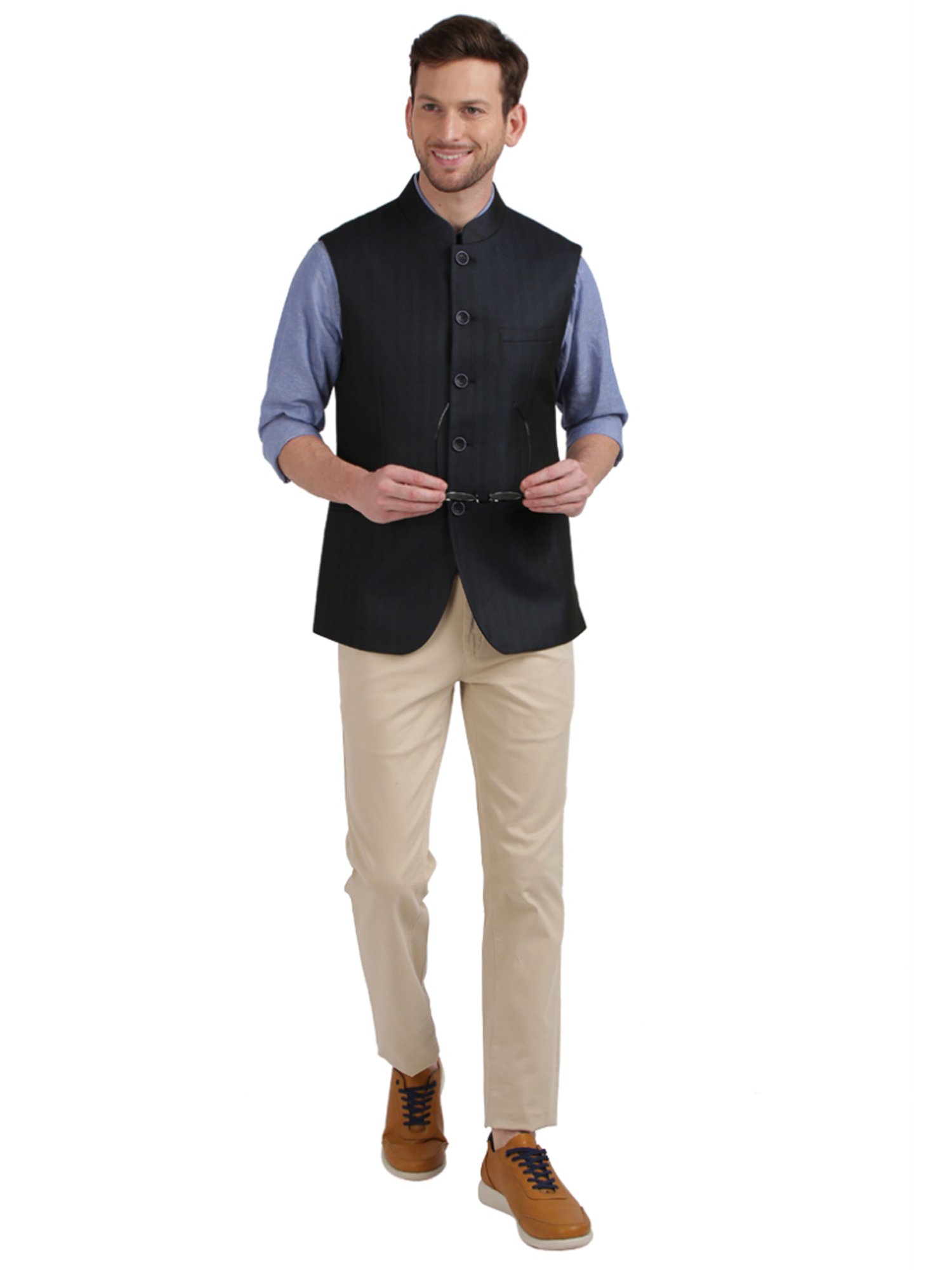 Colorplus Blue Tailored Fit Checks Nehru Jacket