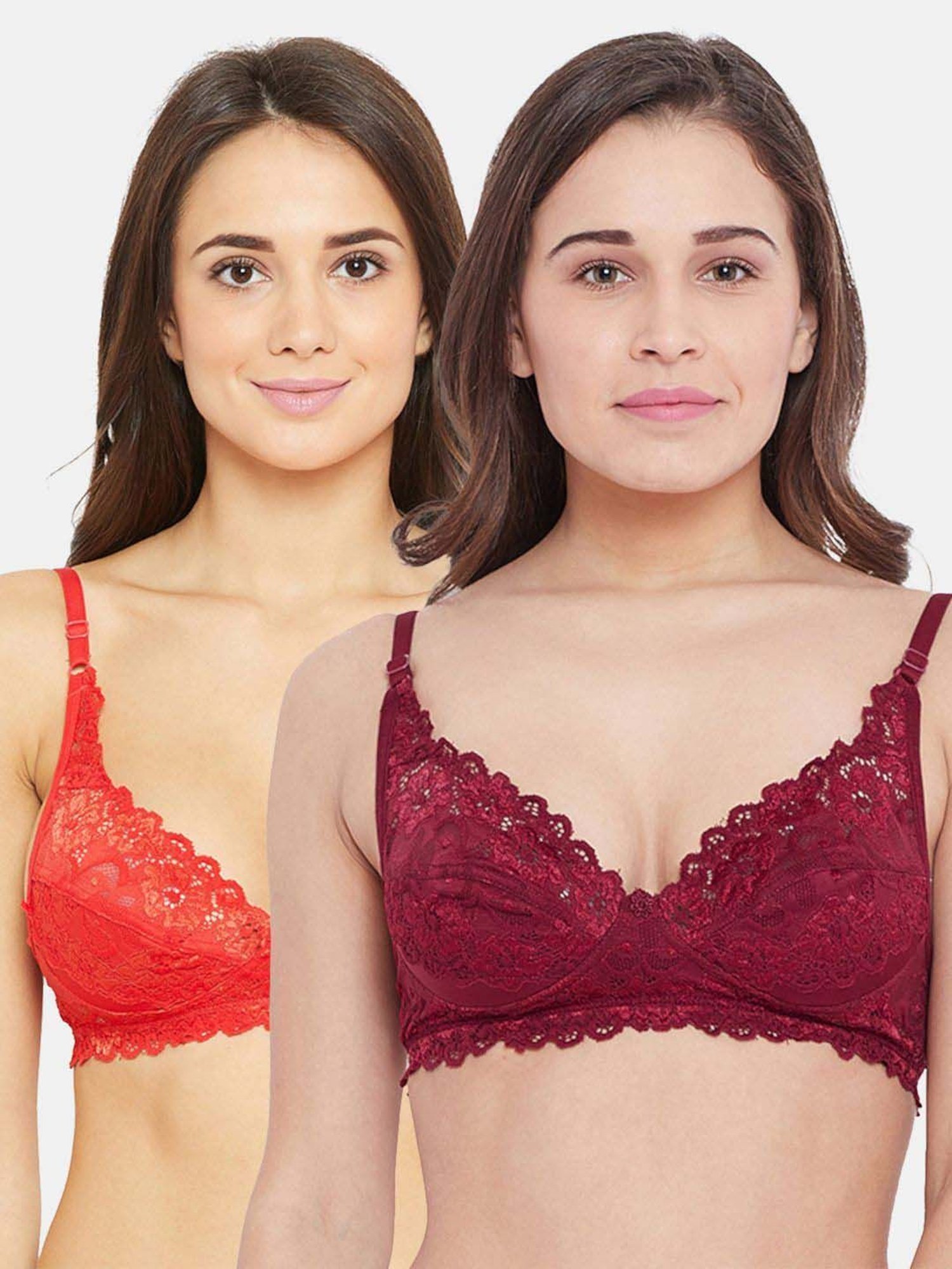 N-Gal Maroon & Red Lace Work Half Coverage Bras - Pack Of 2