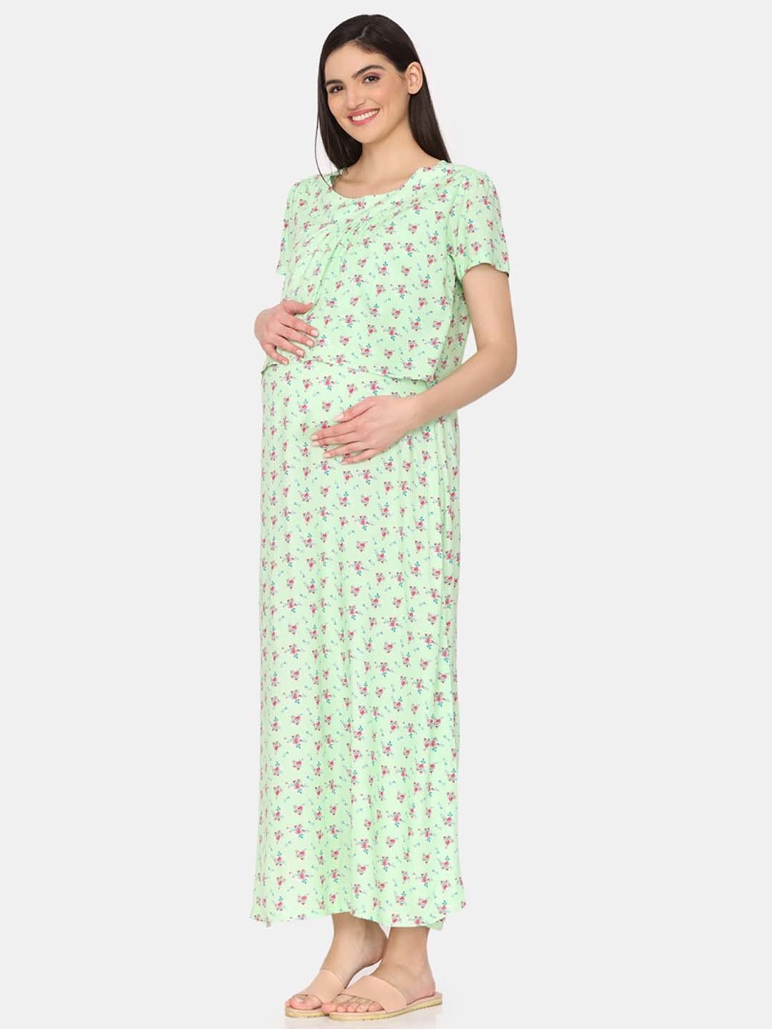 Coucou by Zivame Lime Green Printed Maternity Nighty