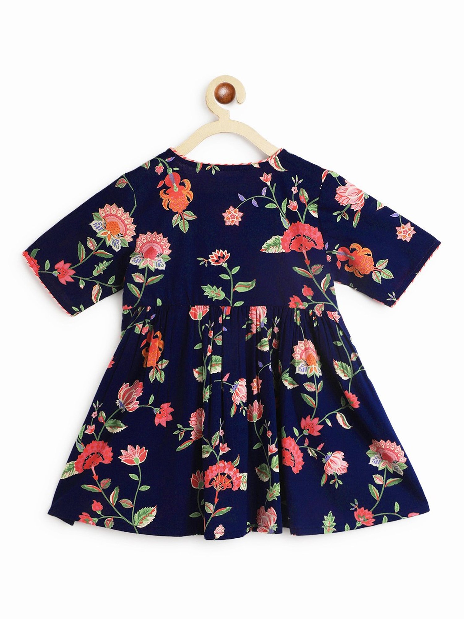 Campana Kids Navy & Peach Floral Print Kurta, Sharara with Dupatta