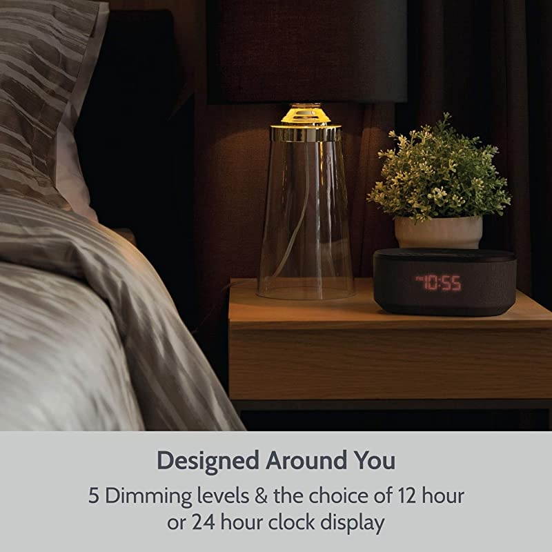 Radio Alarm Clock with USB Charger, Bluetooth Speaker, QI Wireless Charging, Dual Alarm Dimmable LED Display