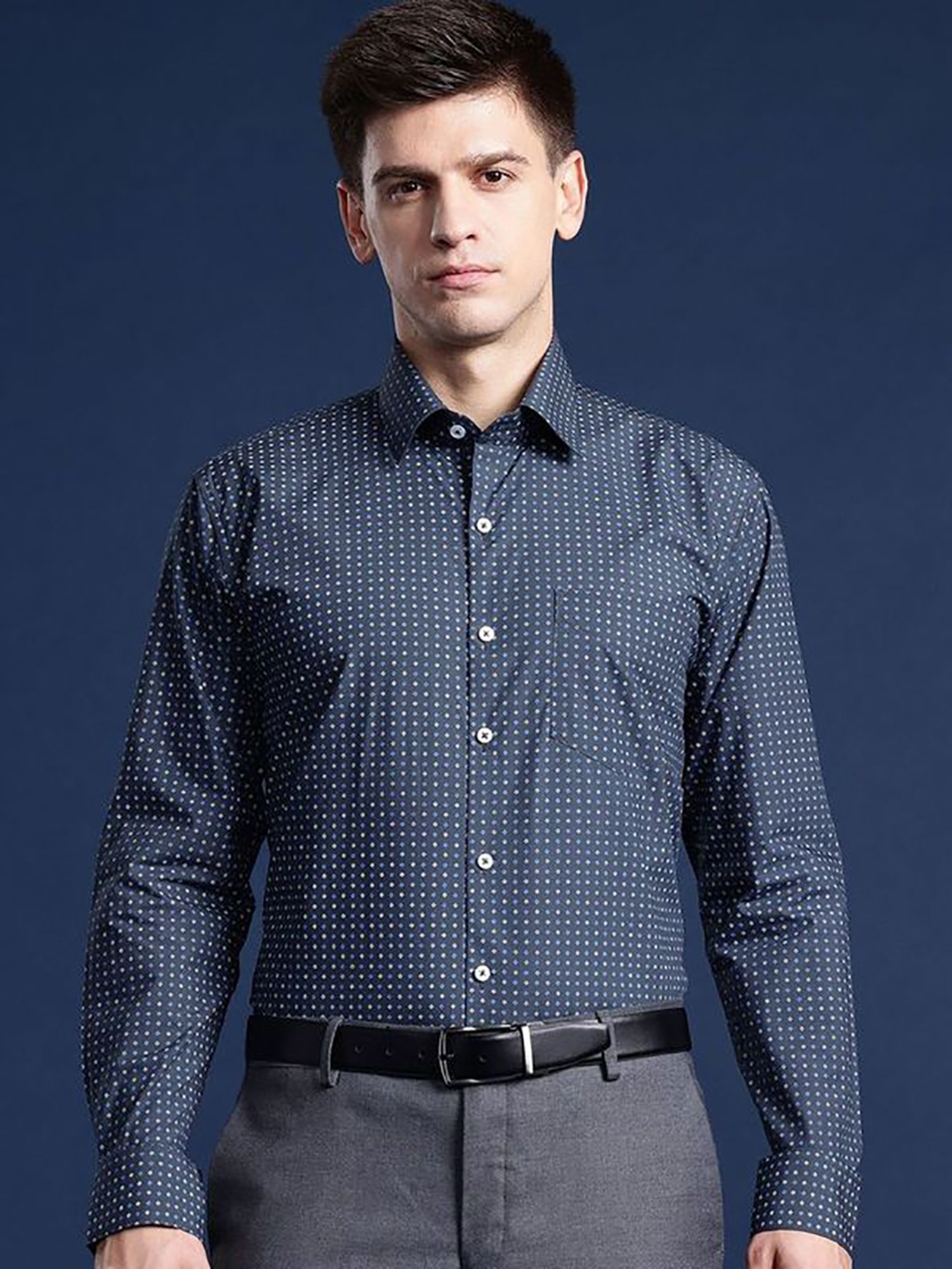 Hancock Grey Cotton Slim Fit Print Shirts