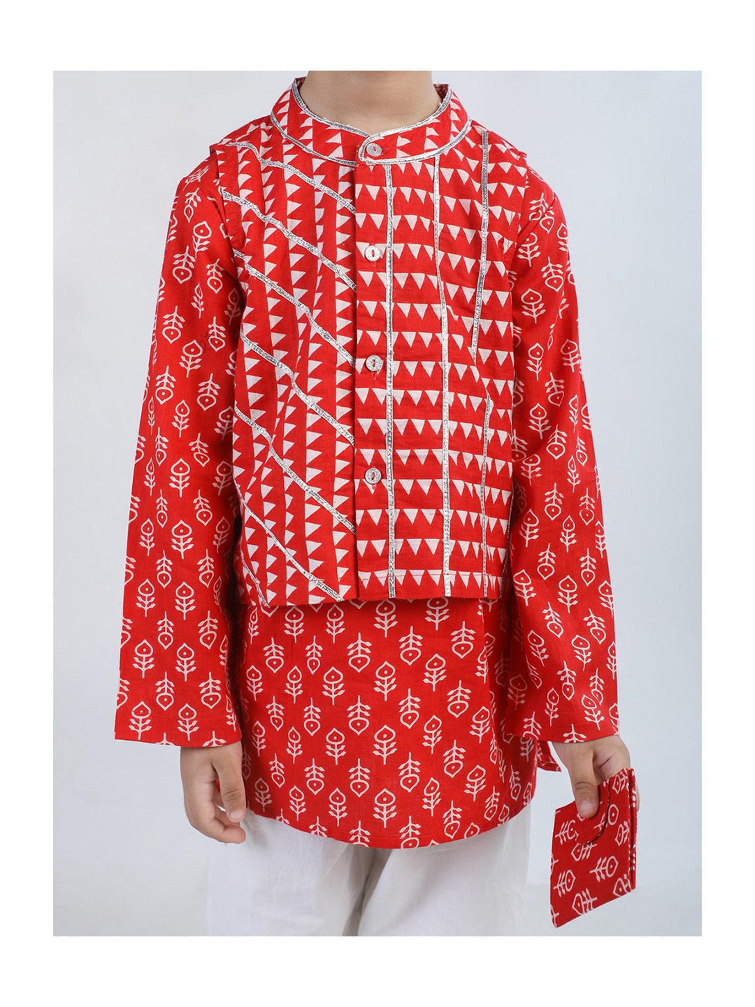 Budding Bees Kids Red & White Printed Full Sleeves Kurta, Jacket, Pants with Wallet