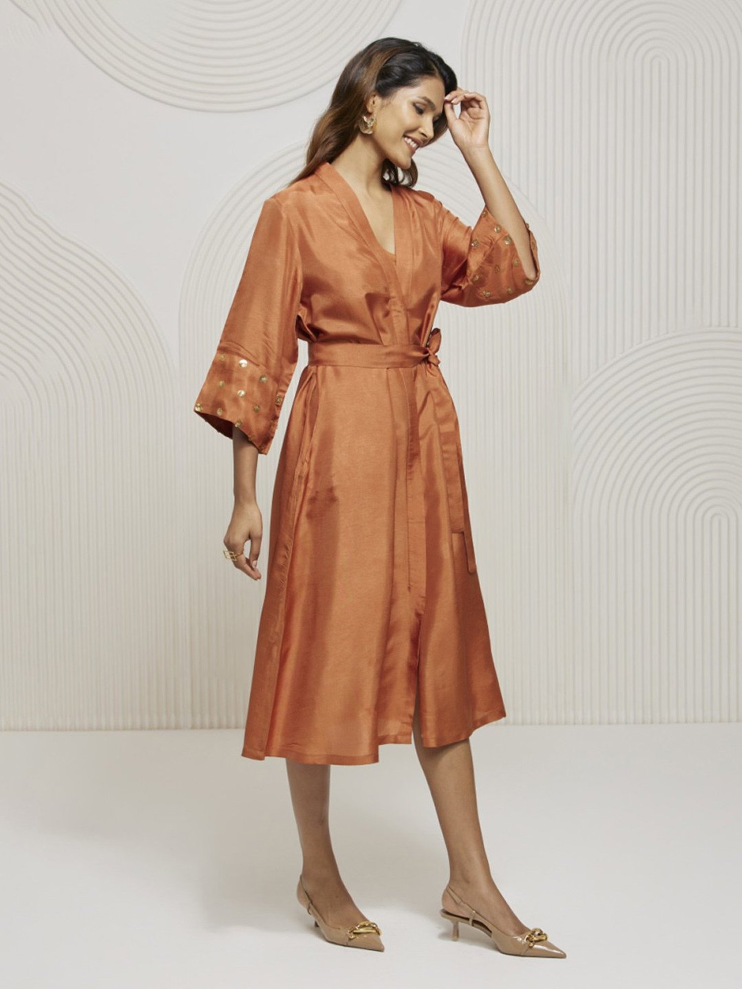 Artagai Gold Flame Shirt Dress with Tie-Up and Embellished Sleeve