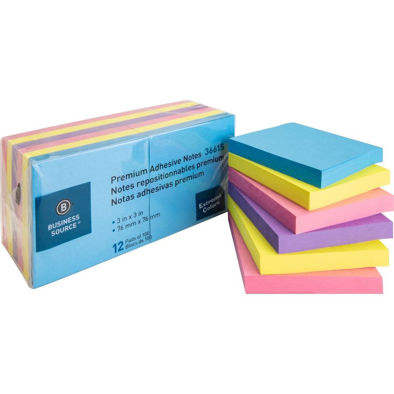 Business Source Adhesive Notes 100 Sht/PD 3"x3" 12/PK Assorted Extreme 36615