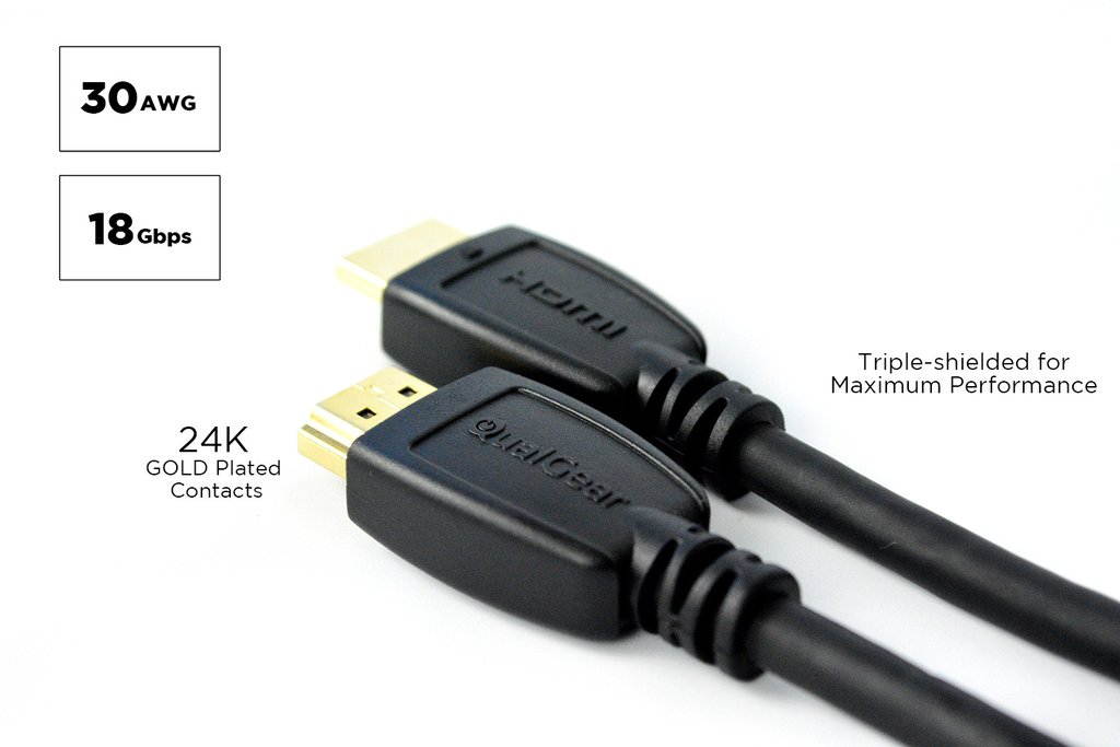 QualGear High Speed HDMI 2.0 Cable with Ethernet (3 Feet - 2 Pack) - 100% OFC Copper, 24K Gold Plated Contacts, Triple-Shielded. Supports 4K Ultra HD, 3D, 18 Gbps, ARC (QG-CBL-HD20-3FT-2PK)