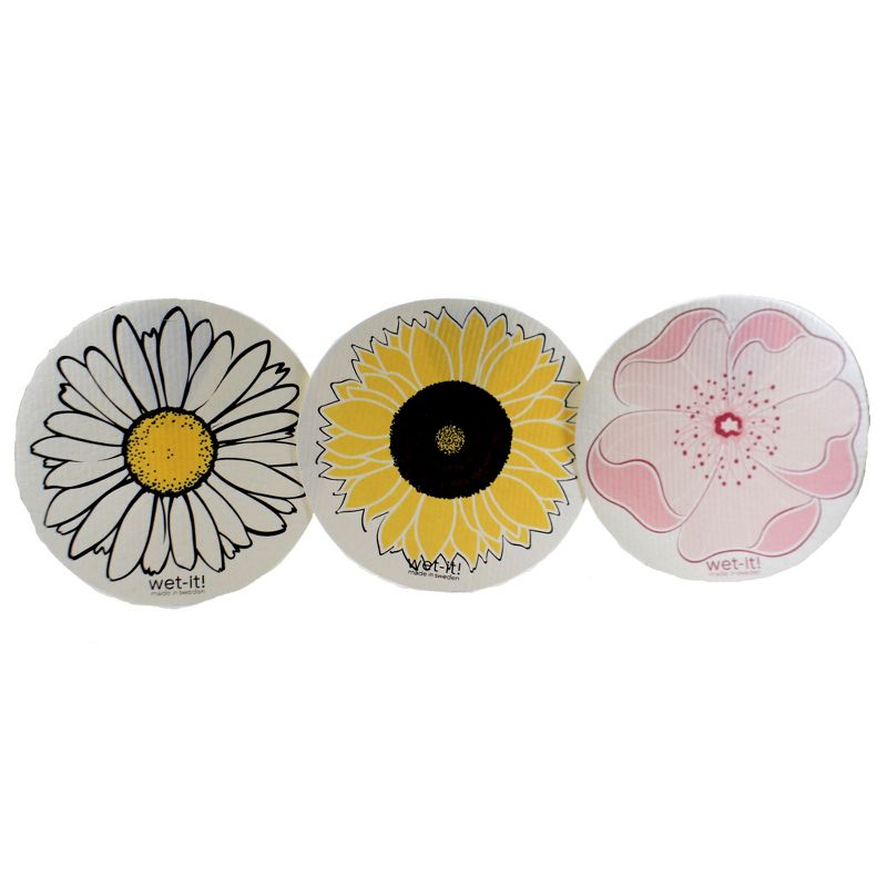 Swedish Dish Cloth 9.25" Round Flowers Set/3 Absorbantsunflower Daisy  -  Dish Cloth