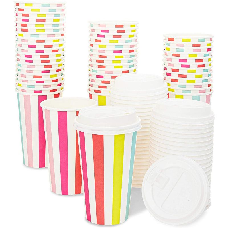 Blue Panda 48-Pack 16 oz. Disposable Paper Coffee Cups Lids, for Hot Beverage in Colorful Rainbow Stripes