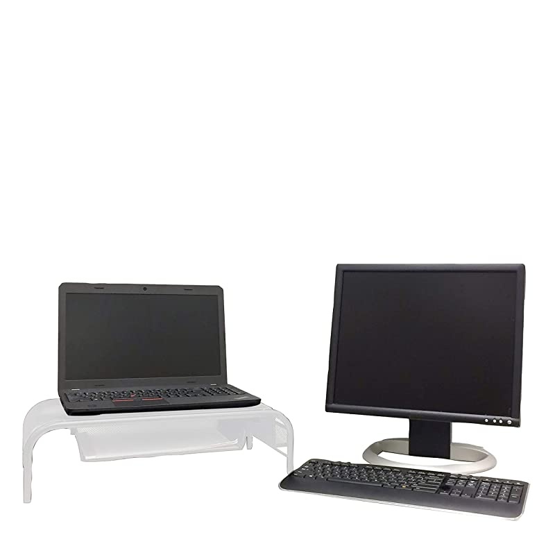 MESHMONSTA-WHT Monitor Stand, Metal Mesh Stand & Desk Organizer with Drawer, White