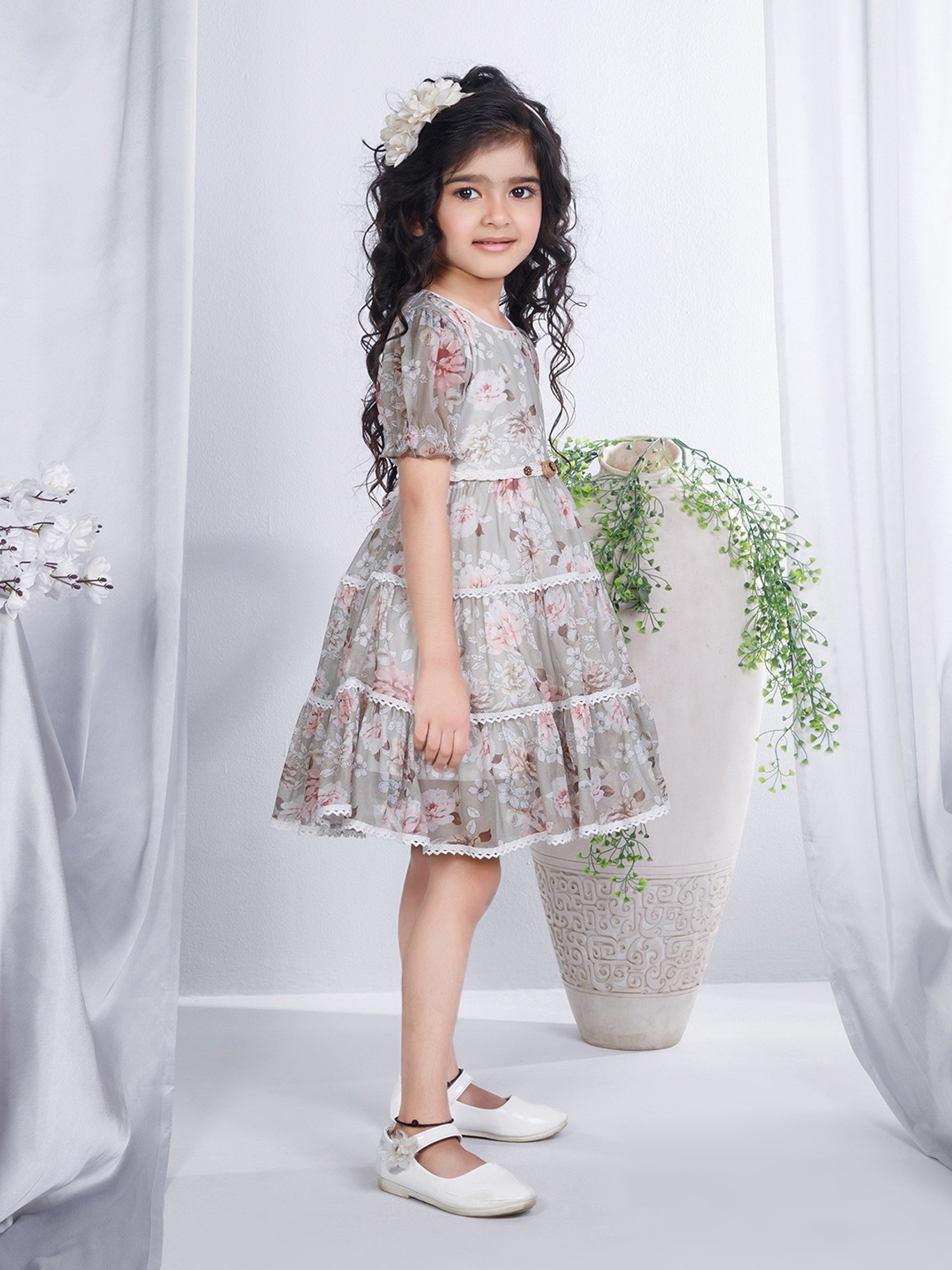 Peppermint Kids Light Grey Floral Print Dress