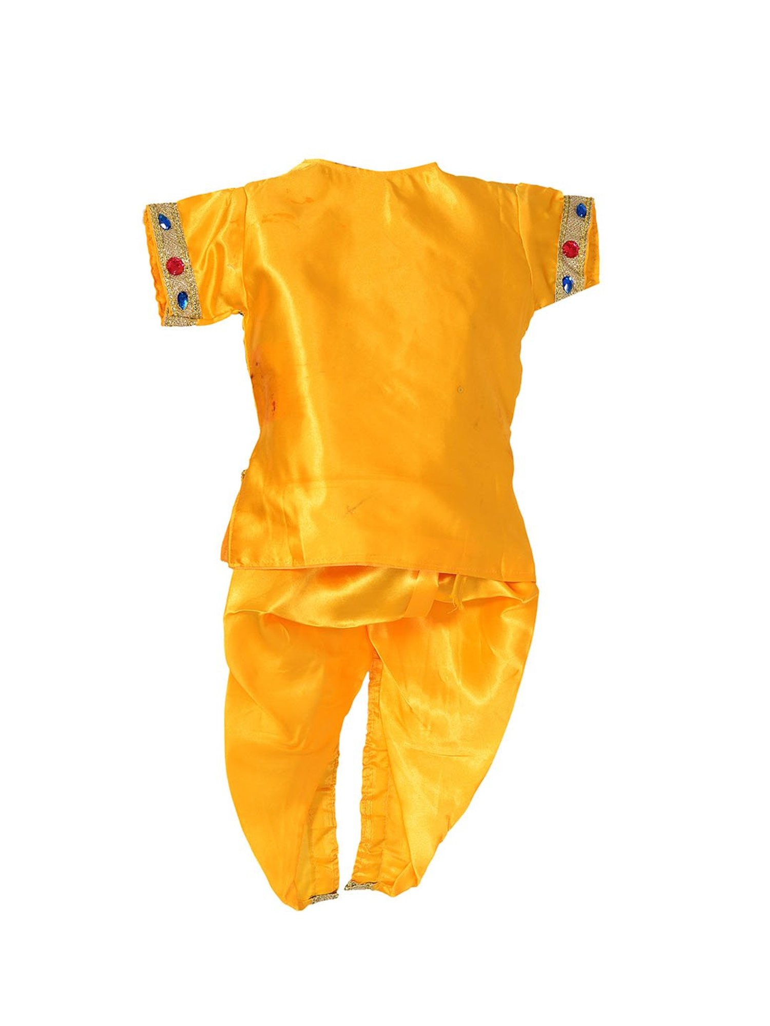 Ahhaaaa Kids Yellow Embroidered Kurta, Dhoti, Pagri, Flute& Set