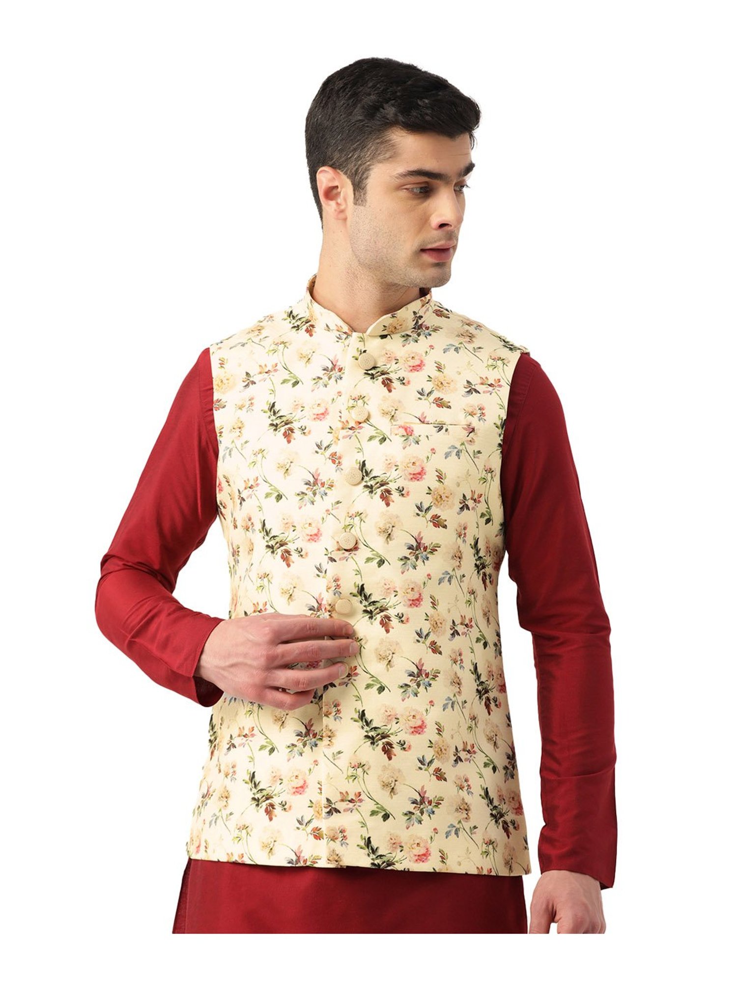 Manyavar Cream Floral Print Ethnic Jacket