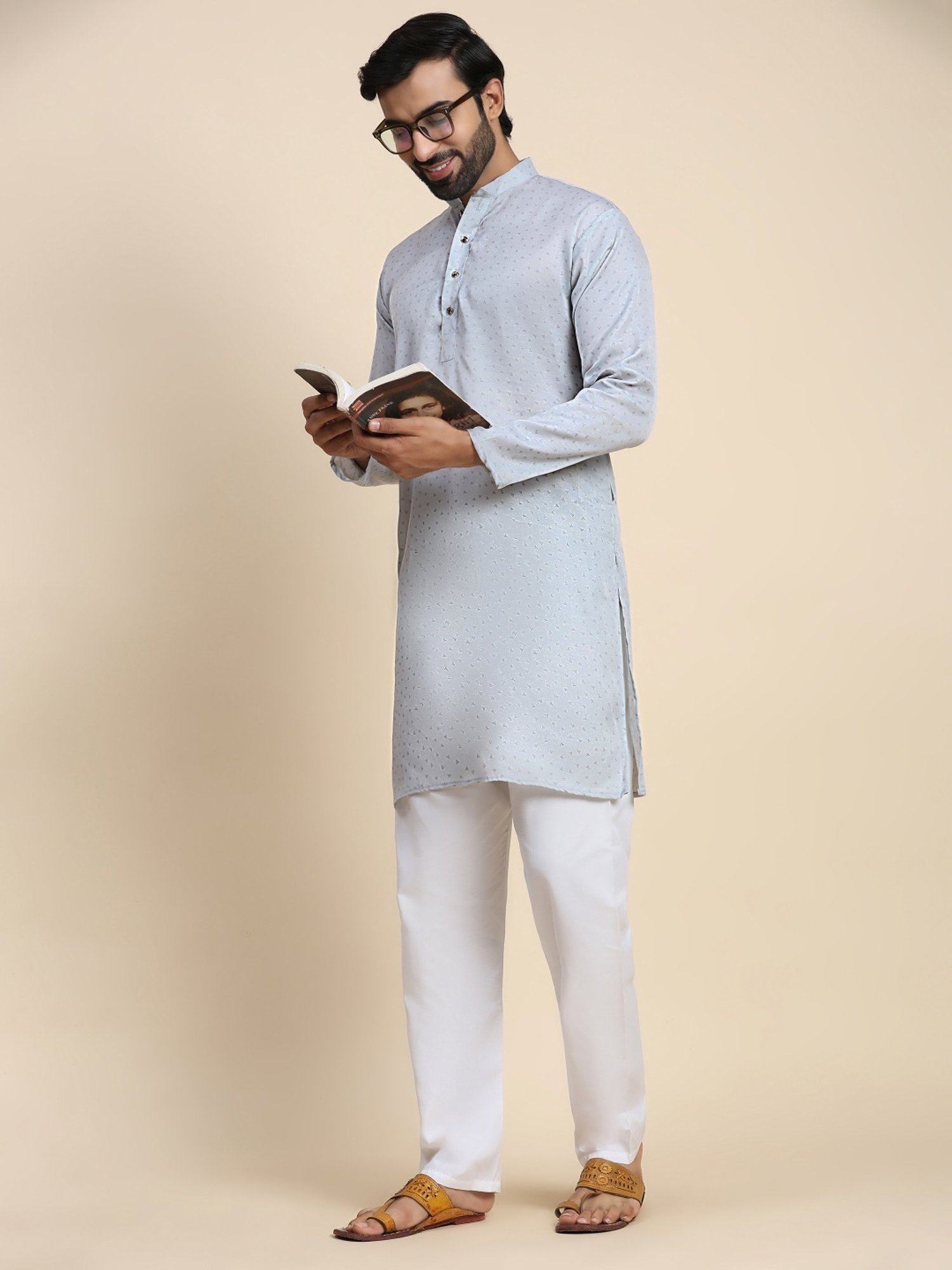 Pro-Ethic Style Developer Grey & White Cotton Regular Fit Printed Kurta Bottom Set