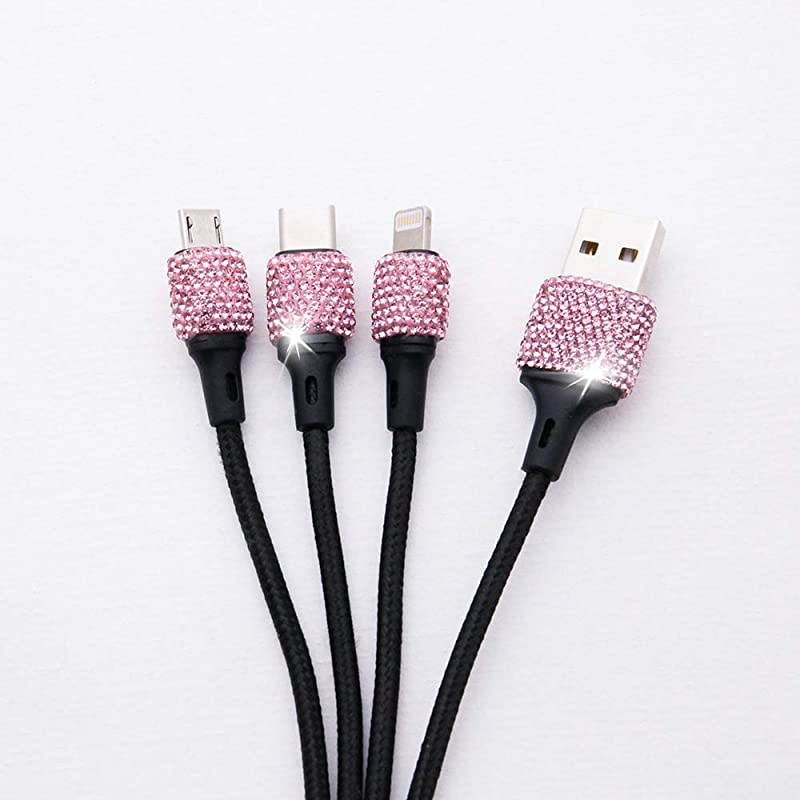 USB Car Charger 5V21A Pink Crystal Decoration Dual Port Fast Adapter with 39ft Nylon Type CMicro USB 3in1 Multi Charging Cable for iPhone iPad Android Car Interior Accessories for Women