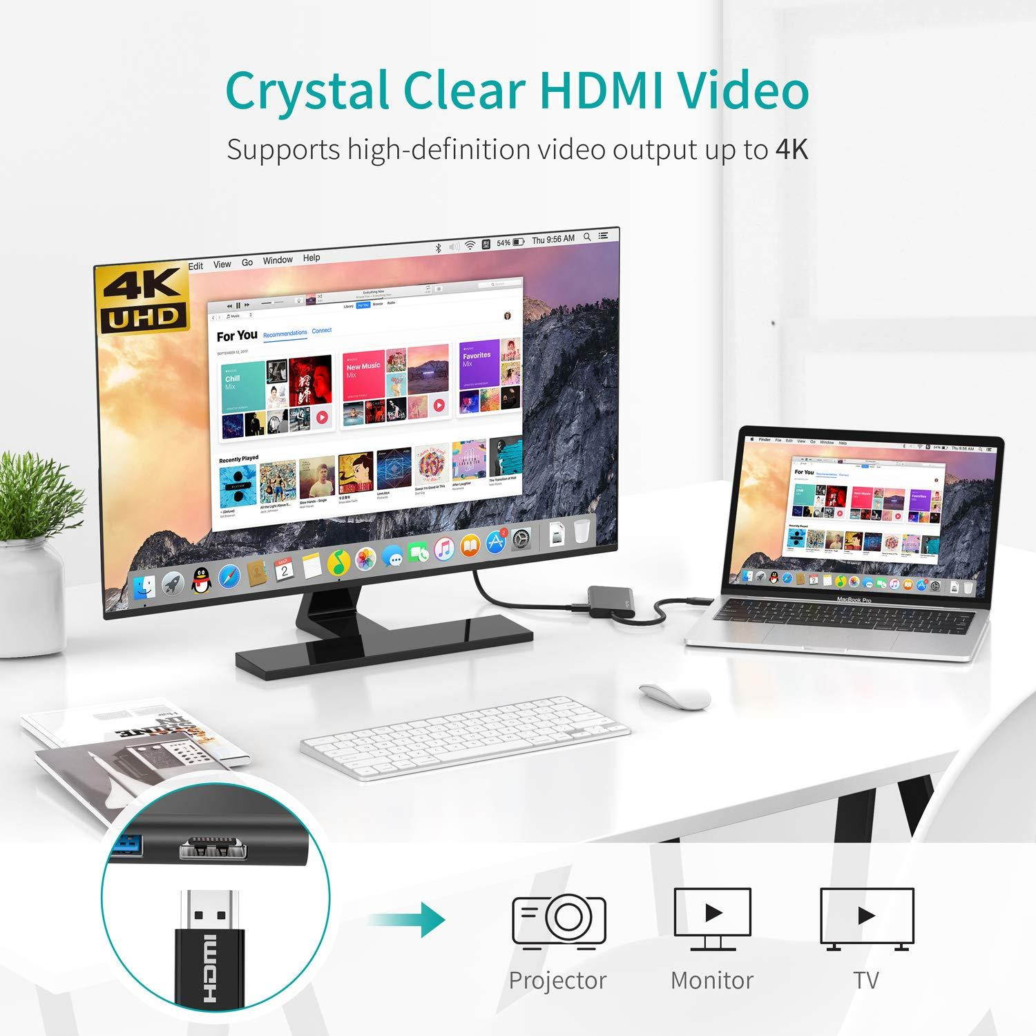 USB C Hub QacQoc 7-in-1 Type C Hub with PD Power Delivery, 4K USB C to HDMI, SD Card Reader, 3 USB 3.0 Ports for MacBook Pro and Type C Windows Laptops(Black)