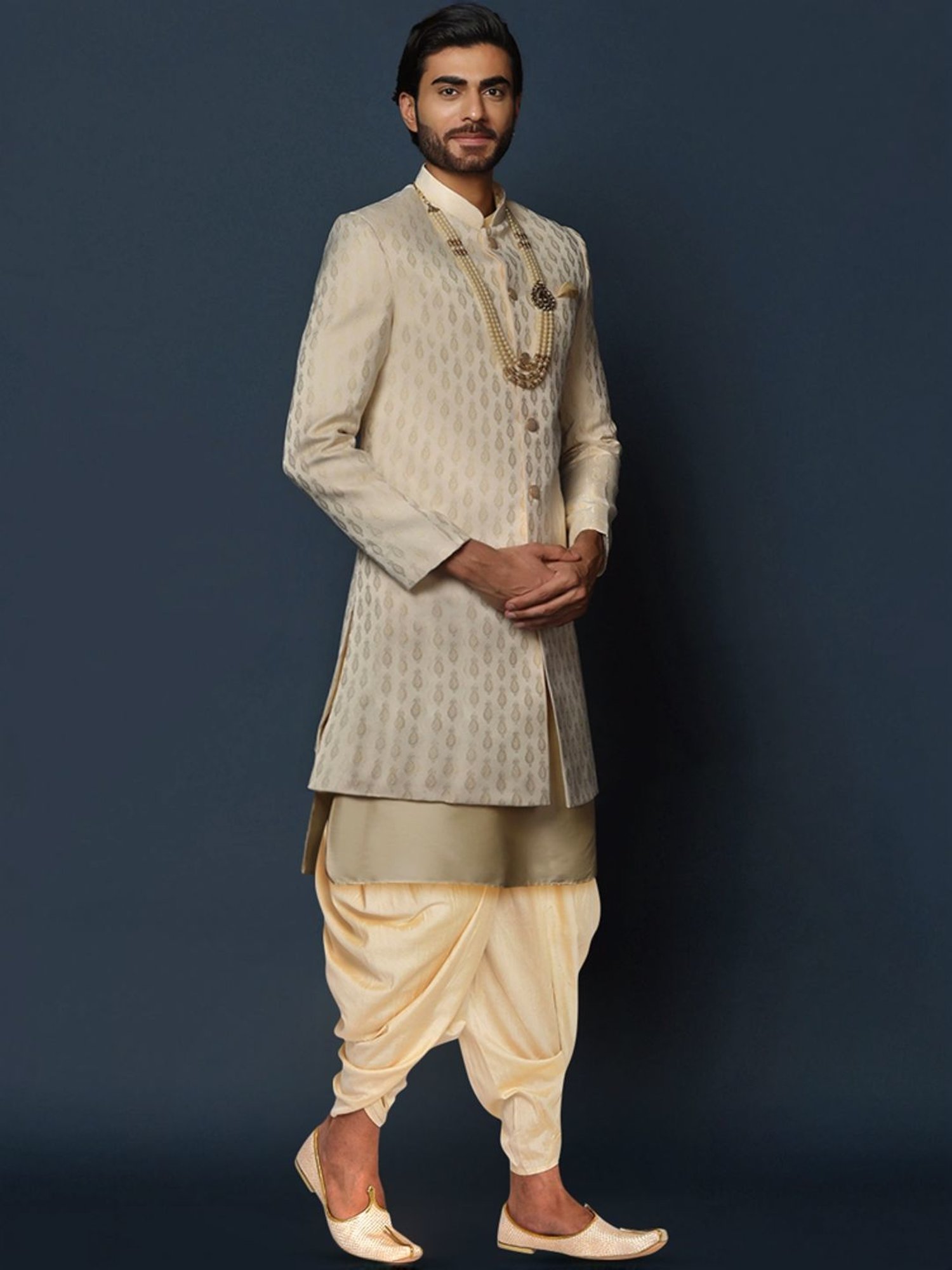 Kisah Beige Regular Fit Jacquard Sherwani Set