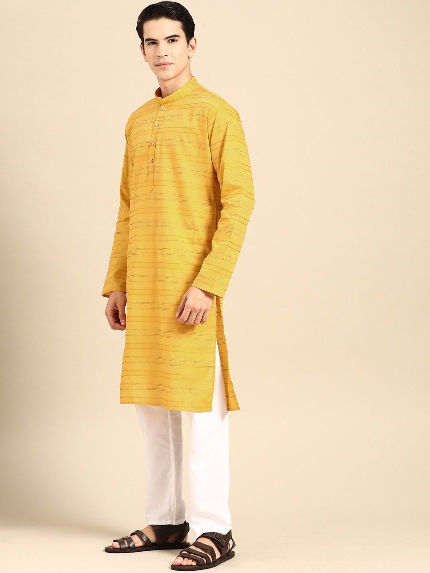 ManQ Yellow & White Pure Cotton Regular Fit Striped Kurta Bottom Set