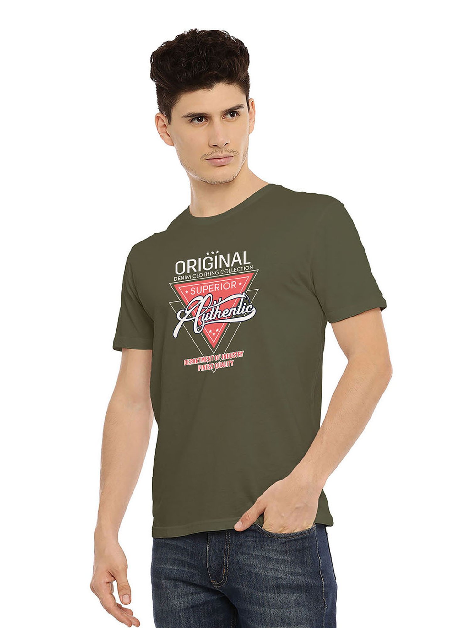 BLACK RADIO Olive Slim Fit Printed Cotton Crew T-Shirt