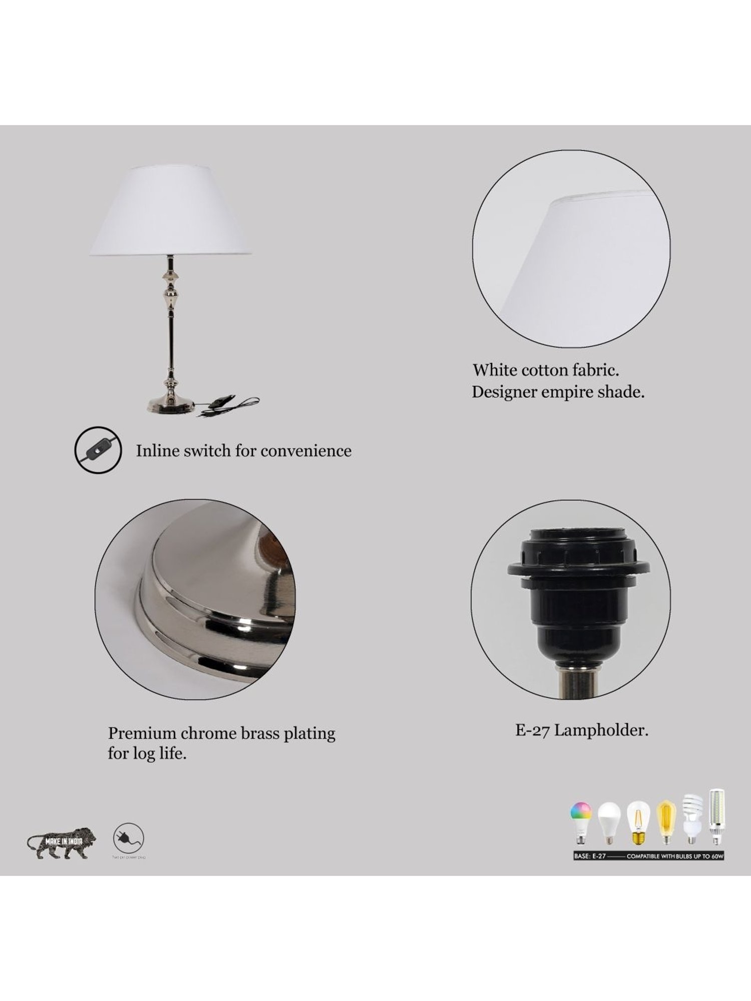 Kapoor Lamp Shades Chrome Metal Evelyn Chrome Cotton Shade Table Lamp