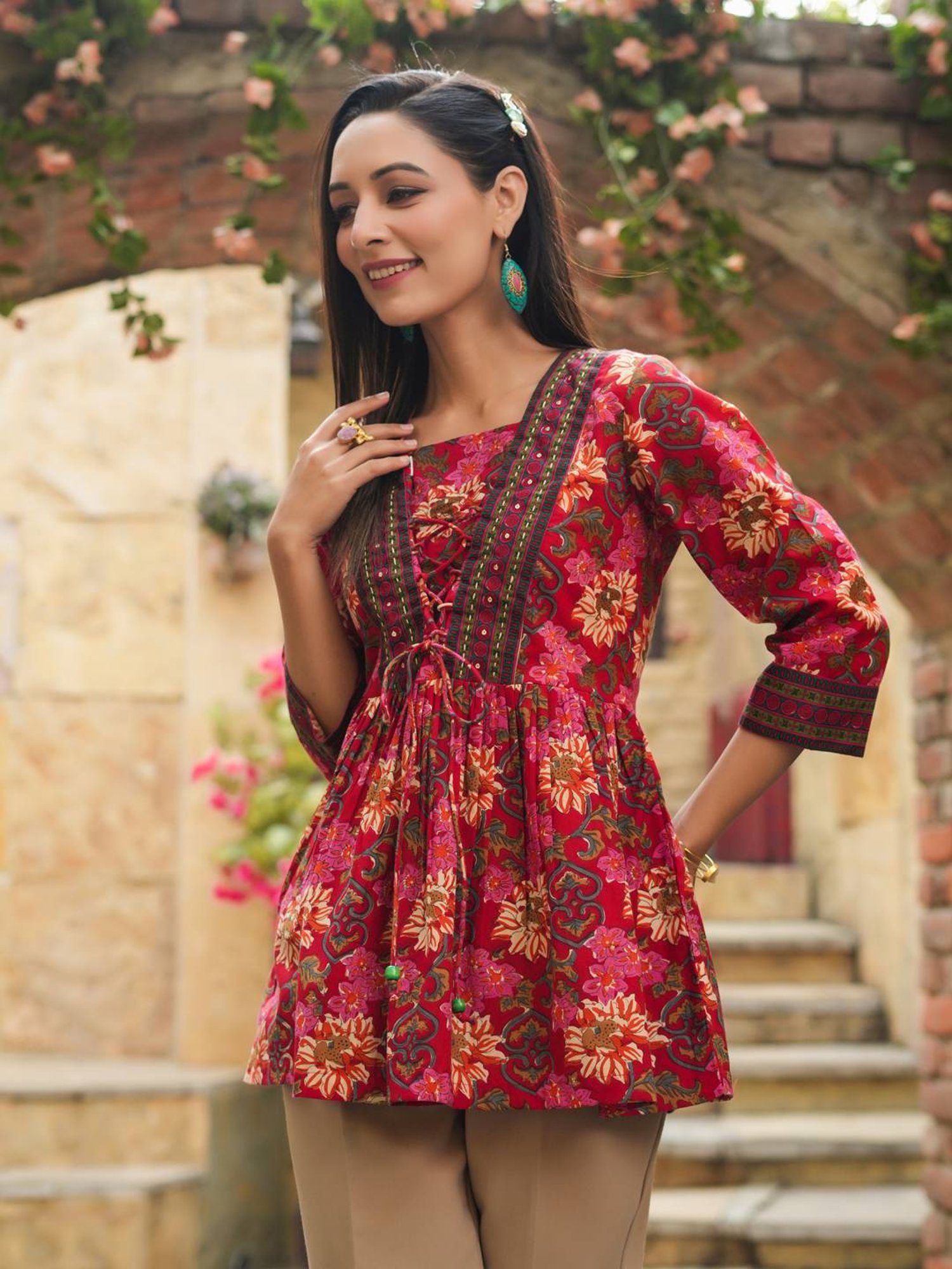 Rain and Rainbow Red Cotton Floral Print Top
