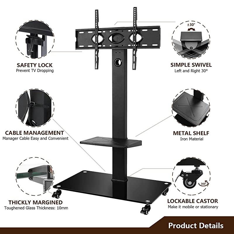 Tall Rolling Moblile Floor TV Stand Cart with Mount Lockable Caster Wheels and Audio Shelf for 37 40 42 47 50 55 60 65 70 inch LCD LED OLED QLED Flat Panel and Curved TVs