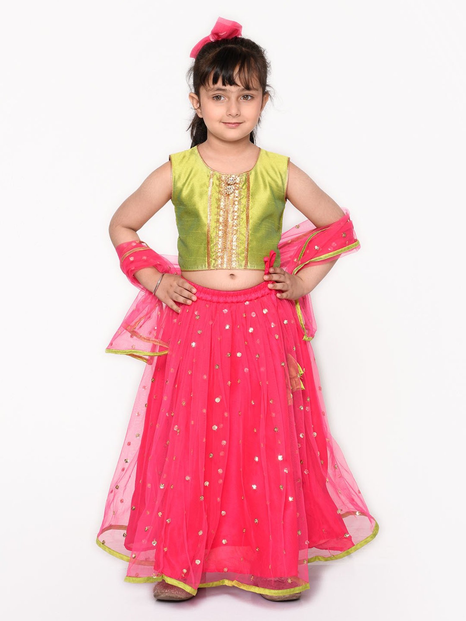 Saka Designs Kids Neon Green & Magenta Embellished Lehenga with Choli & Dupatta