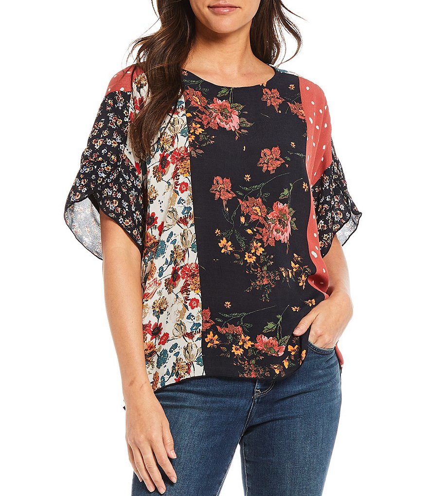 Tru Luxe Jeans Mixed Print Lace-Up Back Crew Neck Elbow Sleeve Crepe Top