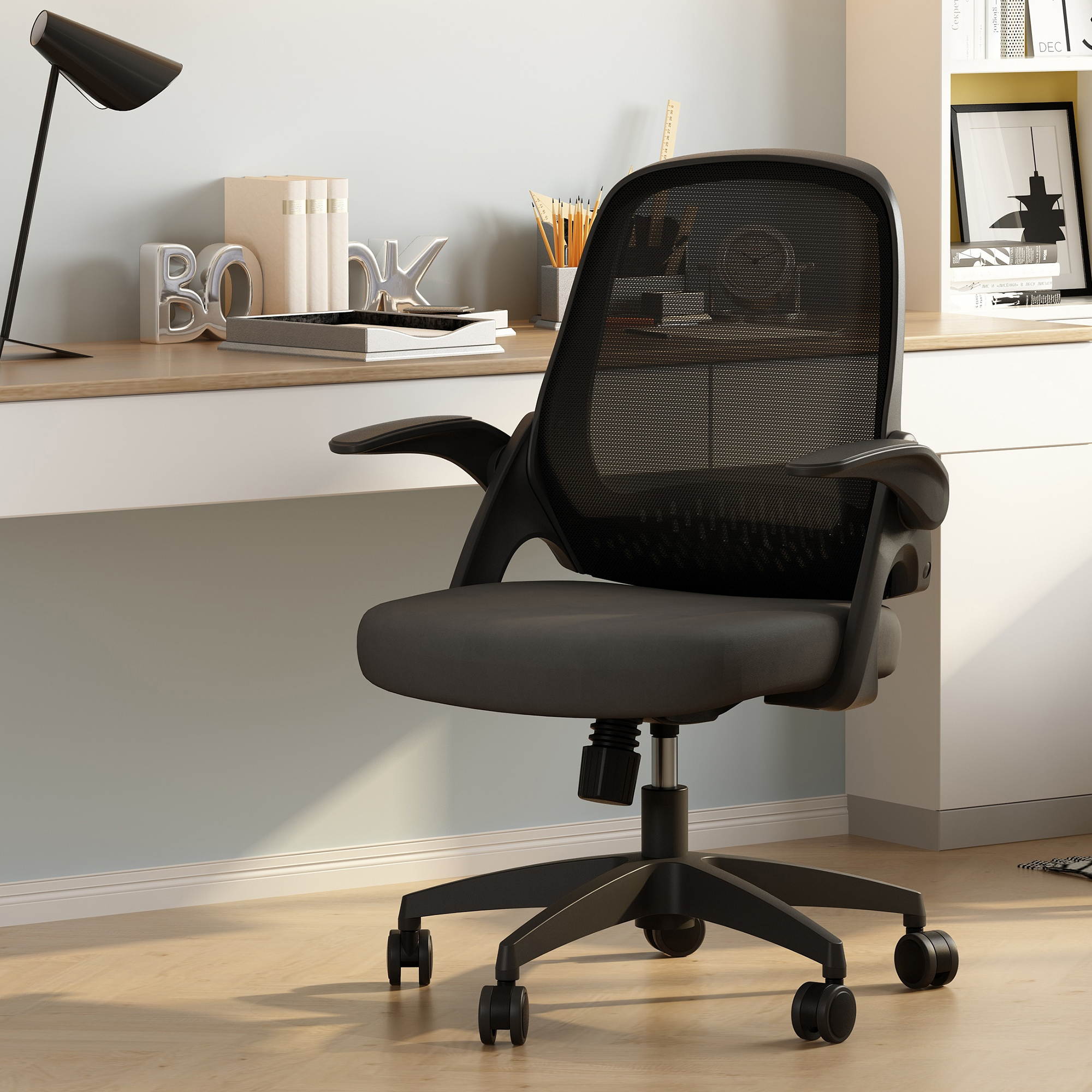 Hbada Office Task Desk Chair Swivel Home Comfort Chairs with Flip-up Arms and Adjustable Height, Black