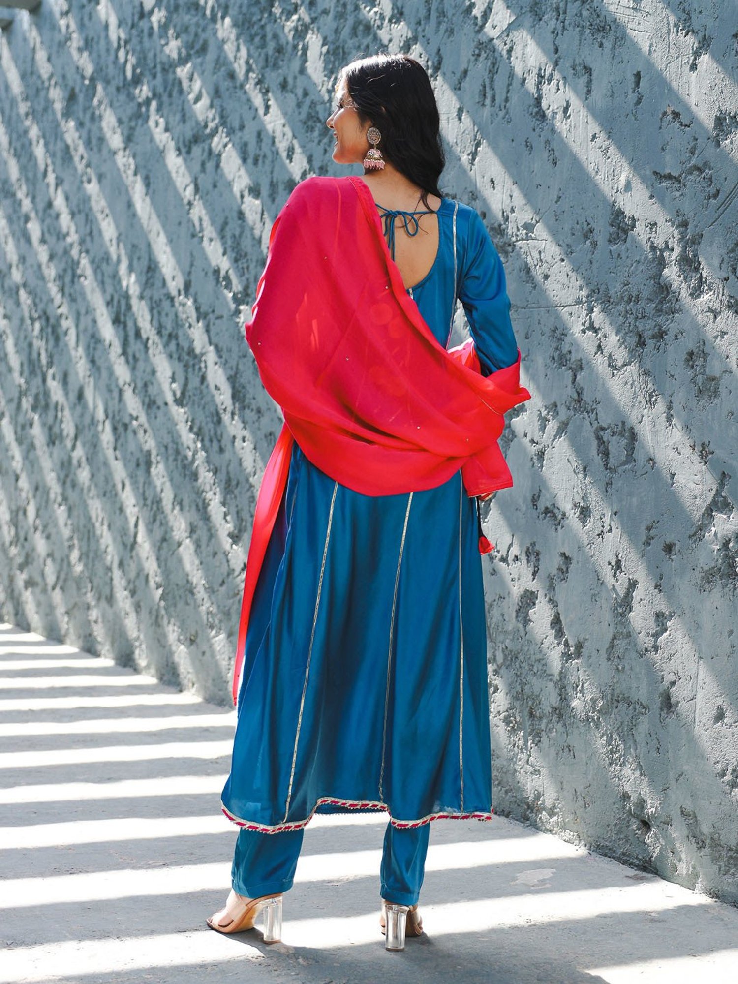 Thread and Button Satin Nora Blue Gota Worked Suit Set