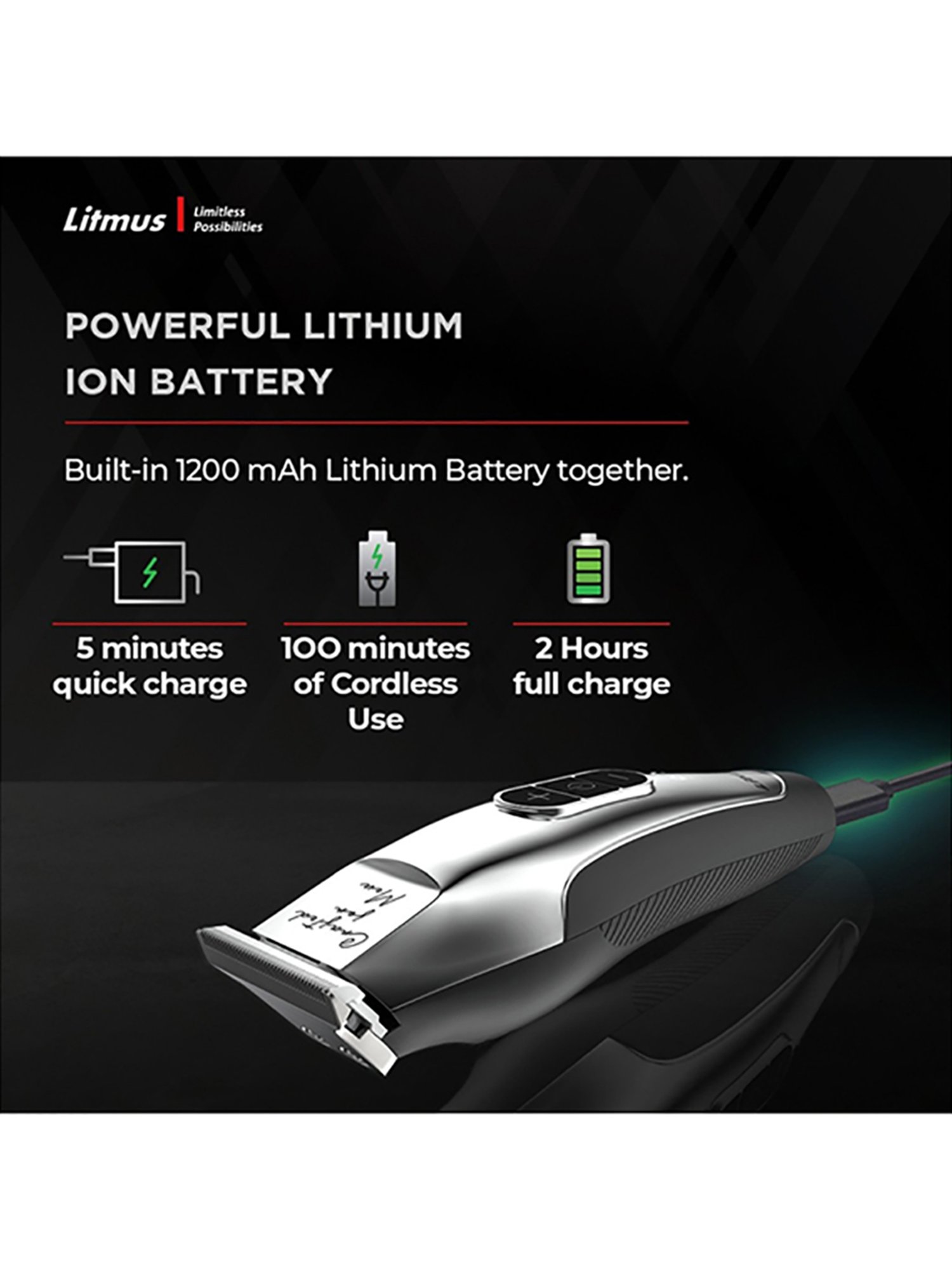 Litmus PT-202 Luxury Edition Cordless Precision Trimmer - 100 Min Runtime (Black and Steel)