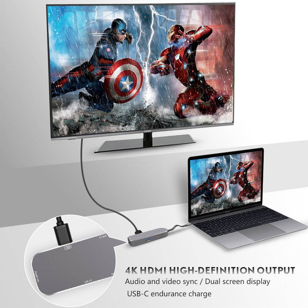 USB C Hub,Thunderbolt Type-C Adapter with 2 USB-C 3.0 Ports,SD/TF Card Reader,4K HDMI & PD Charging for Macbook Pro,Google Chromebook and More Type C Devices (Gray)