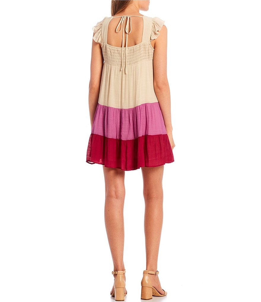 Love & Piece Ruffled Cap-Sleeve Tie-Back Color-Block Tiered Babydoll Dress