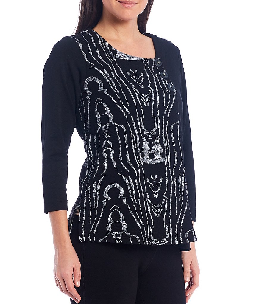Ali Miles Petite Size Abstract Print Scoop Neck Pocket Front Top