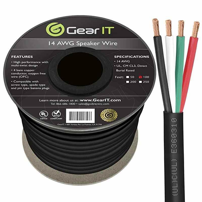 Pro Series 14 Gauge 4Conductor Speaker Wire 250 Feet 76 Meters 14 AWG OFC 999 Oxygen Free Copper Speaker Wire CL3 Rated for Outdoor Direct Burial Use Black