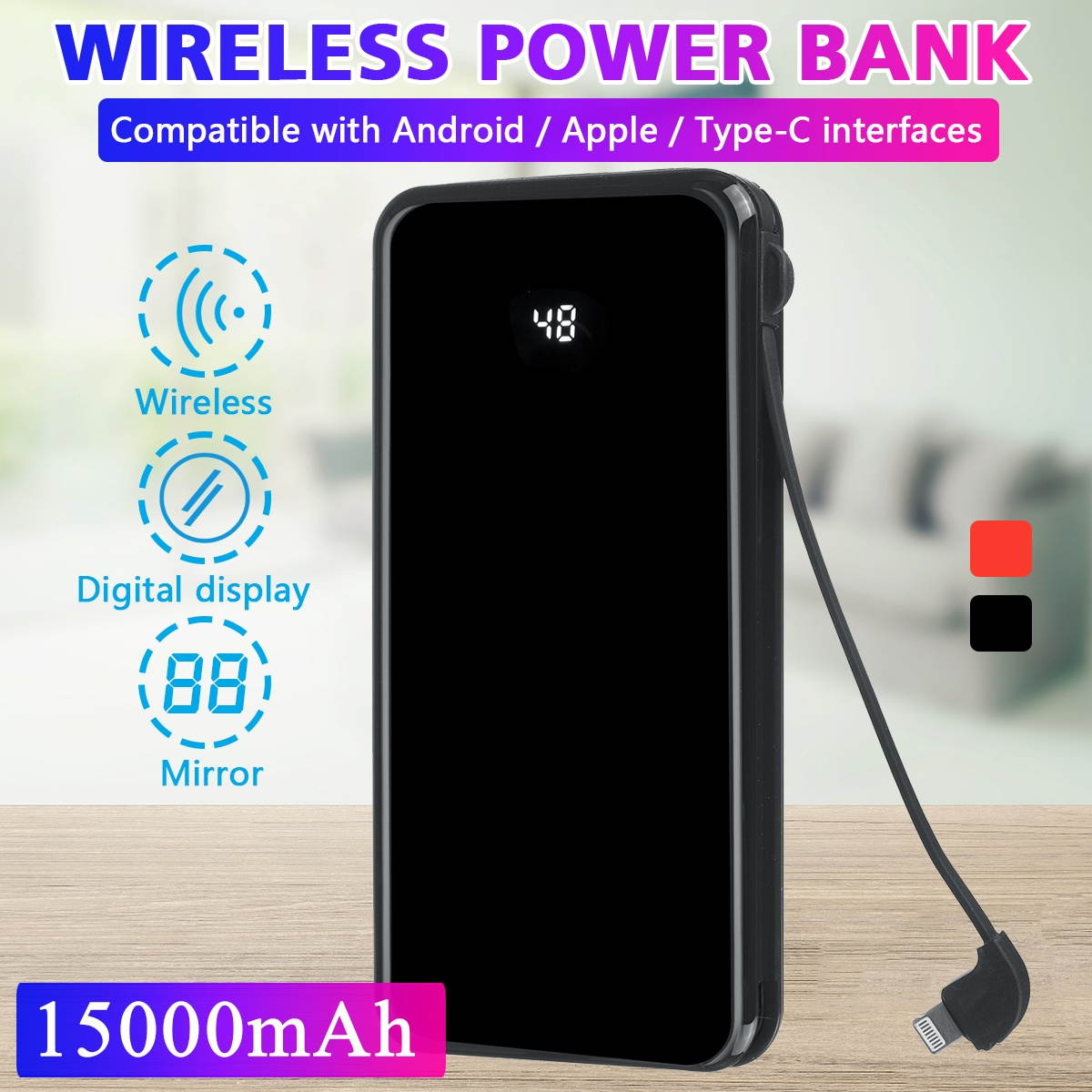 15000mAh Power Bank Qi Wireless Portable Fast Charger USB Type-C Power Bank-Black