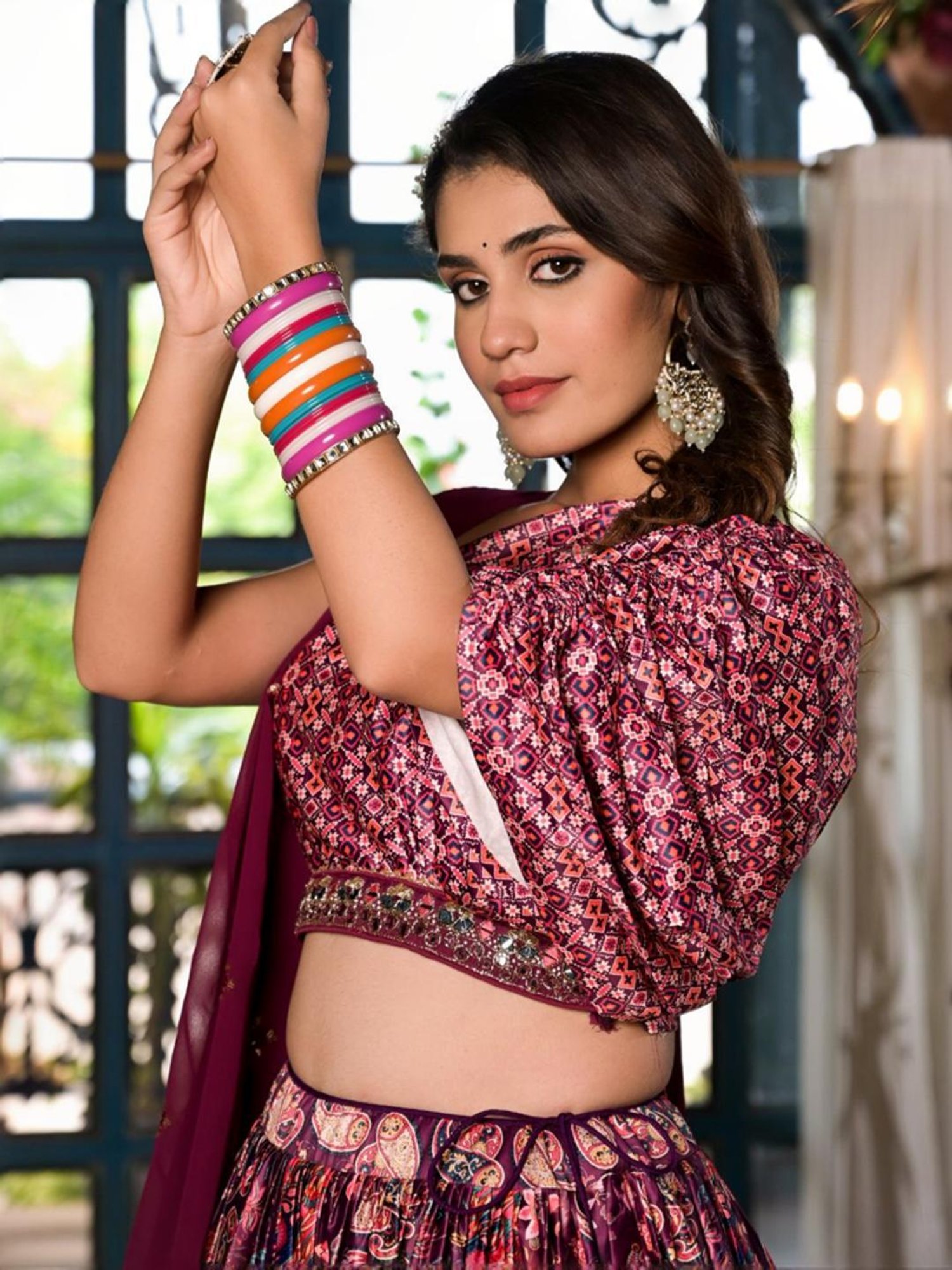 Odette Purple Printed Lehenga Choli Set With Dupatta