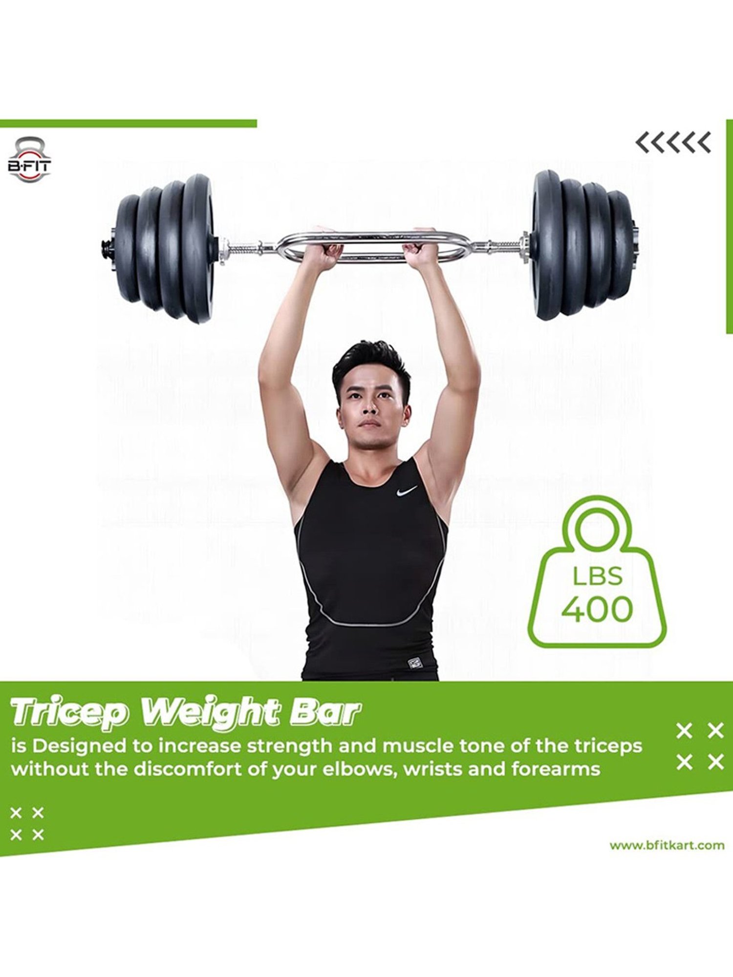 B Fit Threaded Solid Chrome Triceps Bar for Weightlifting and Bodybuilding Dia 28 mm (Silver)