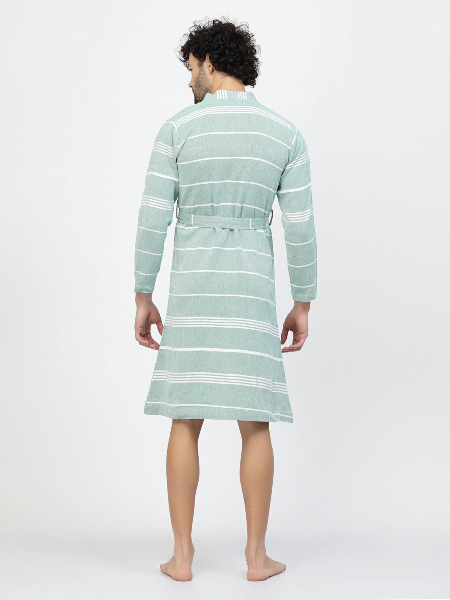 Klotthe Stripes Green & White 210 GSM Cotton Bath Robe with Belt