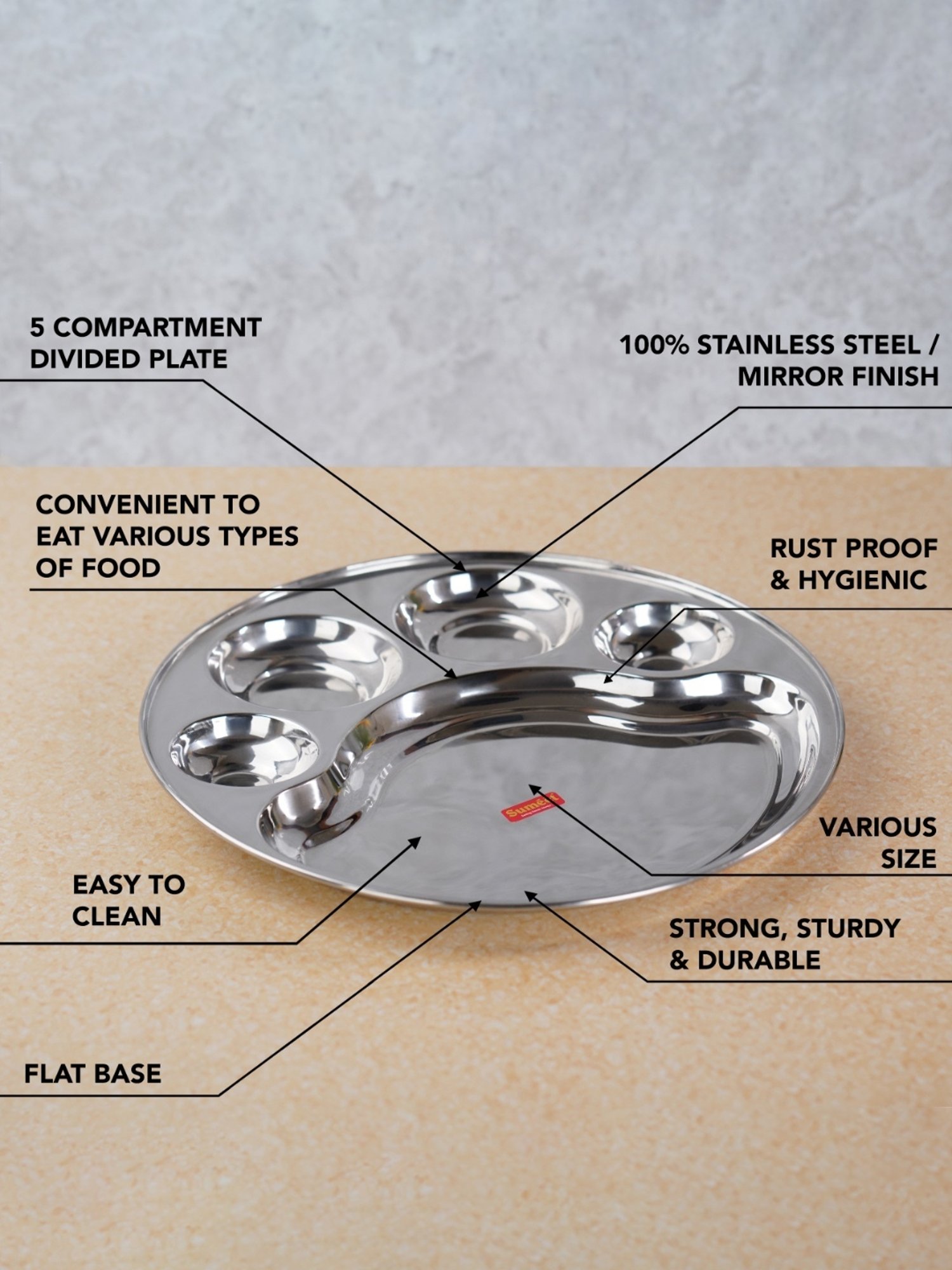 Sumeet Stainless Steel Round 5 in 1 Compartment Lunch / Dinner Plate Set of 6Pcs, 34cm Dia, Silver