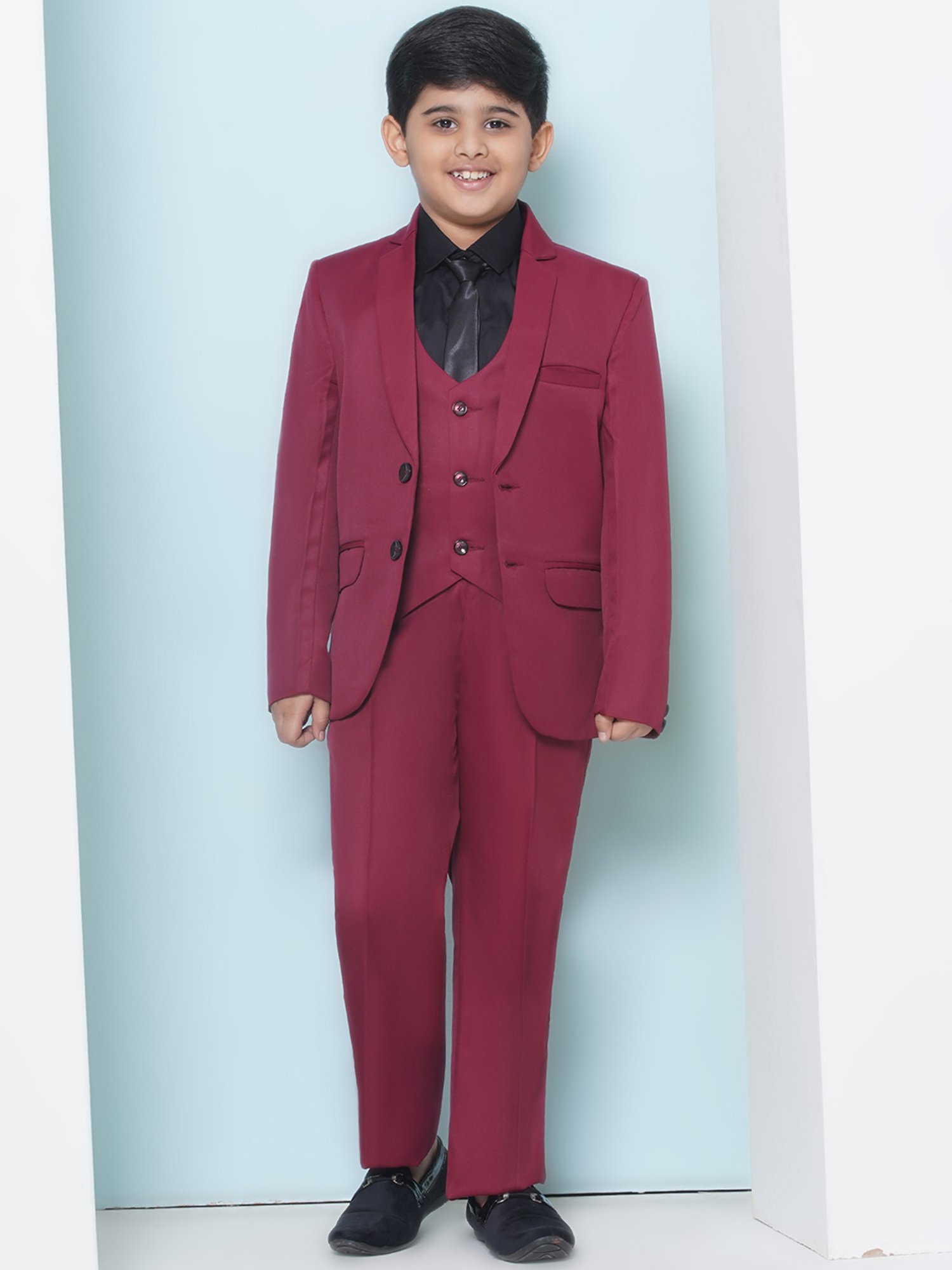 AJ Dezines Kids Maroon & Black Solid Full Sleeves Shirt, Pants, Coat, Waistcoat with Tie