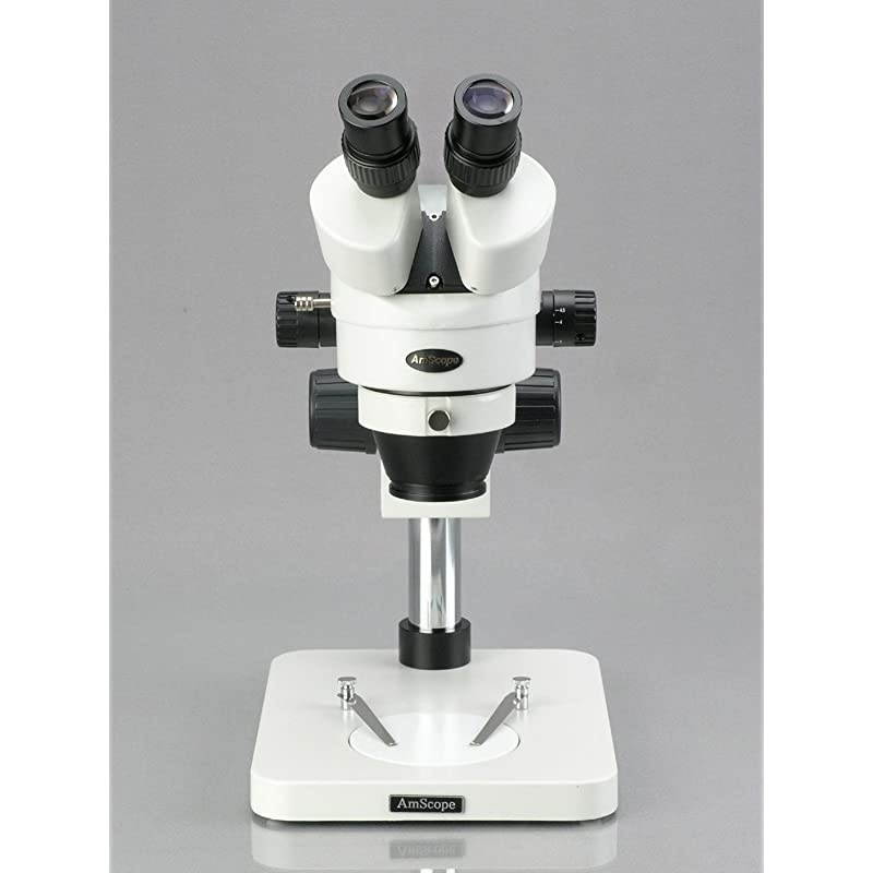SM-1BS-64S Professional Binocular Stereo Zoom Microscope, WH10x Eyepieces, 7X-45X Magnification, 0.7X-4.5X Zoom Objective, 64-Bulb LED Ring Light, Pillar Stand, 110V-240V