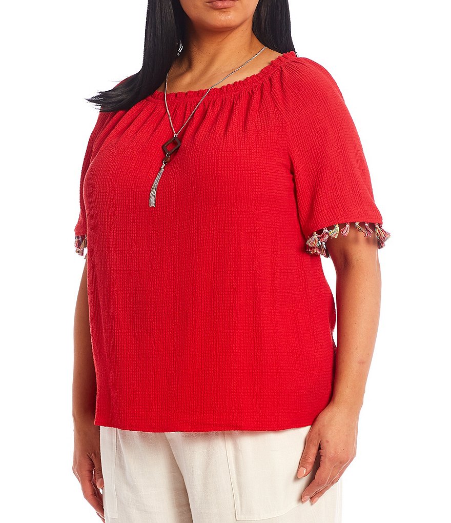 I.N. Studio Plus Size Pucker Woven Square Neck Tassel Trim Short Sleeve Necklace Top